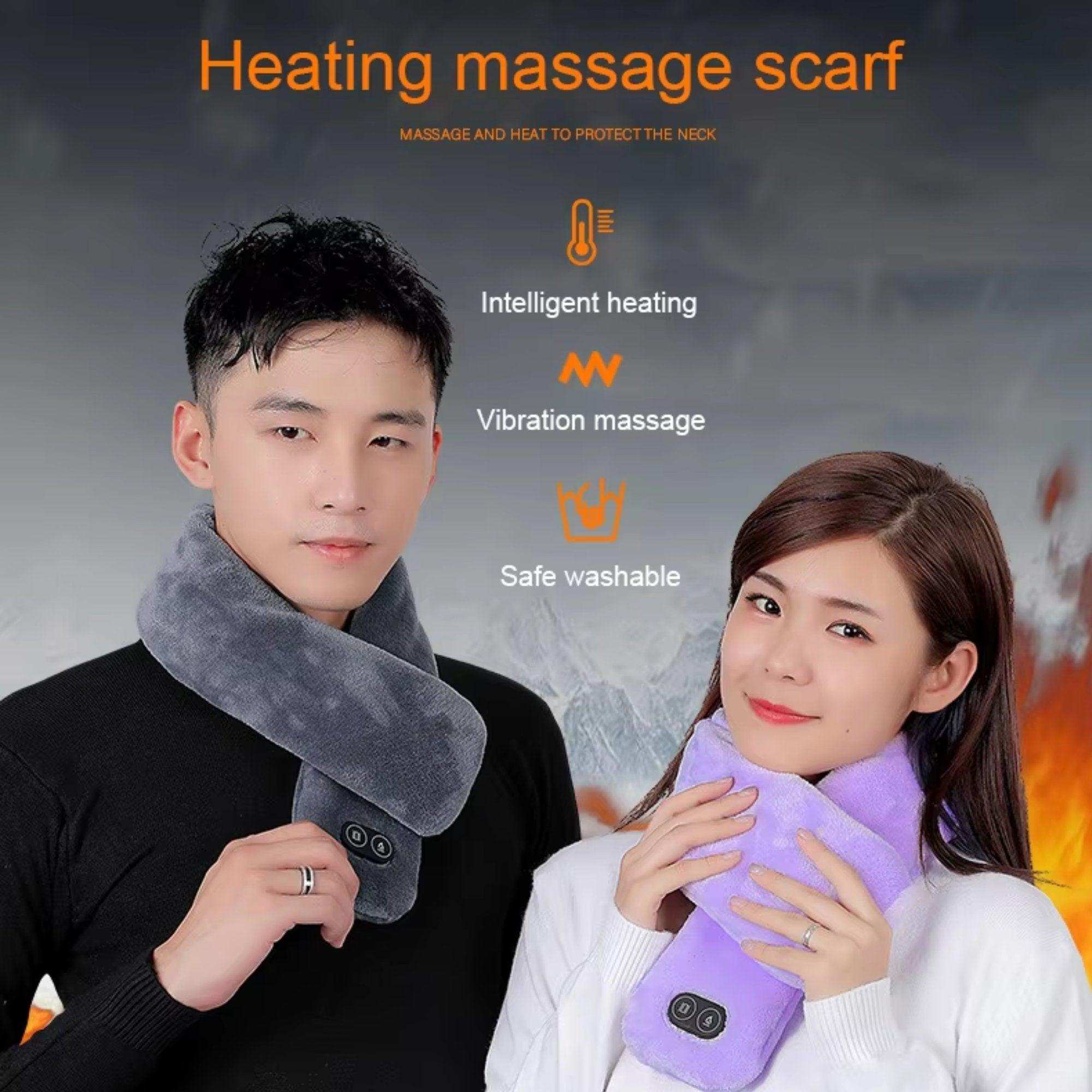 Man and woman wear heated massage scarves with vibration and washable features, TUTT