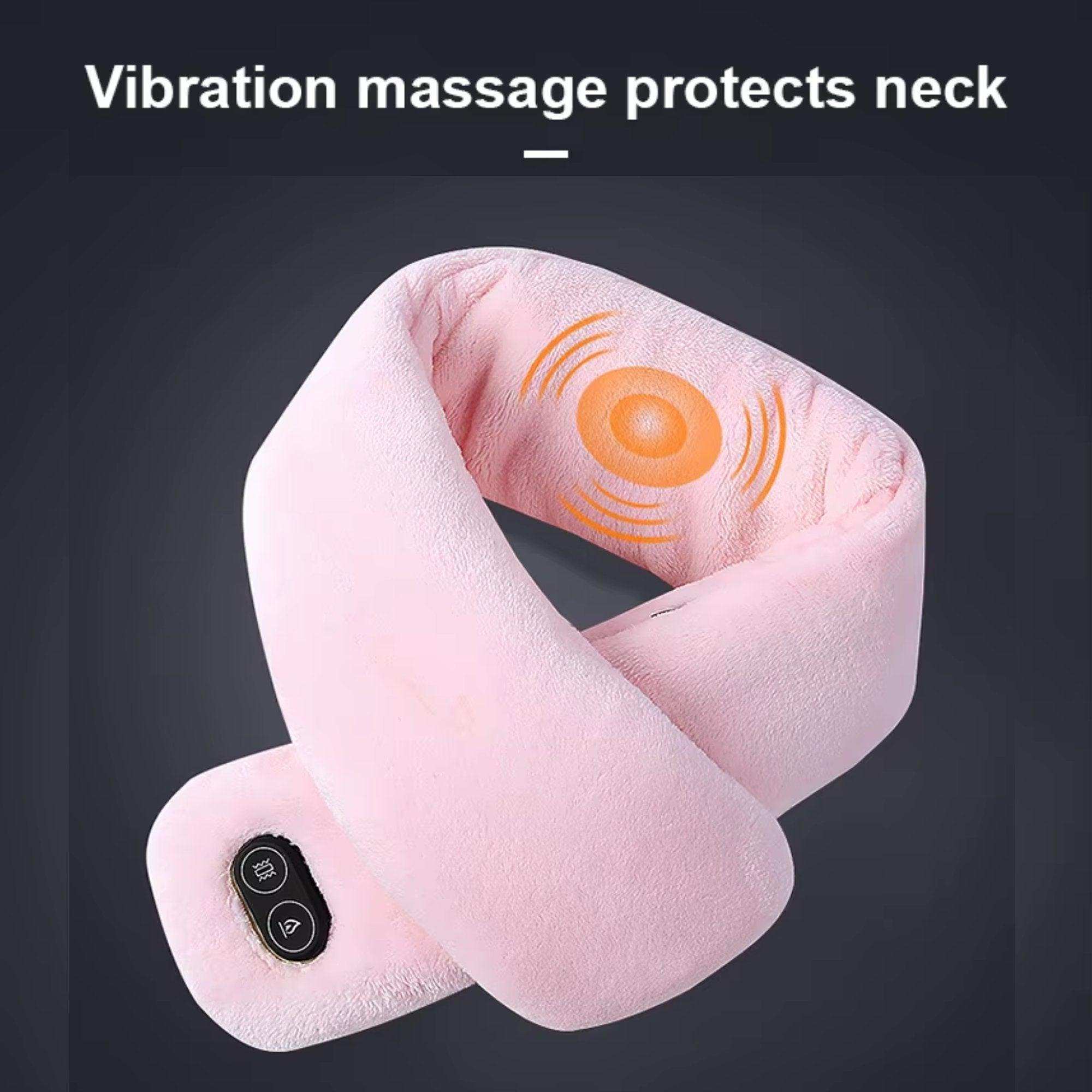 Pink heated scarf with neck vibrating massager and control buttons, against dark background TUTT