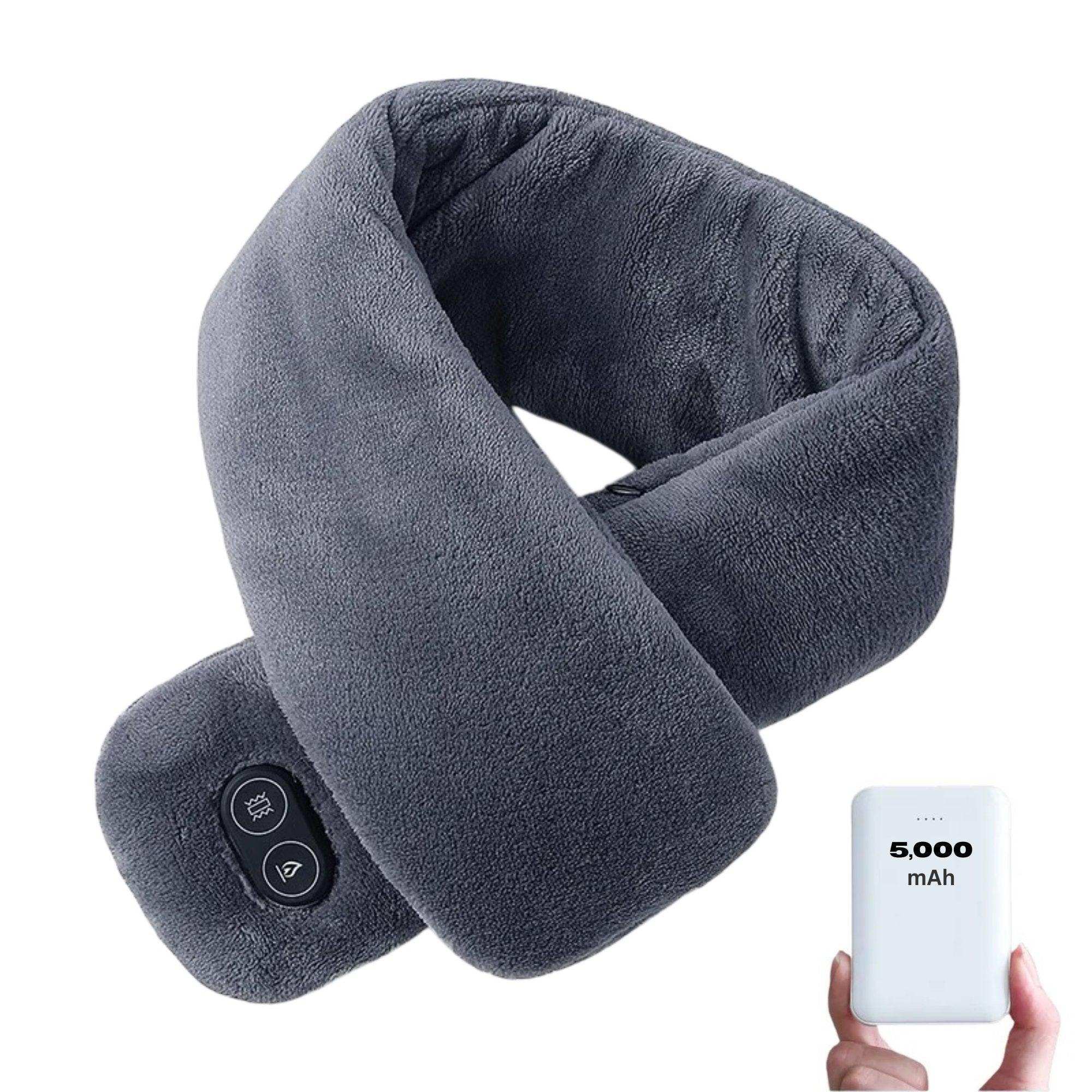 Gray heated scarf with neck massager and black control buttons, shown with 5000mAh power bank, TUTT