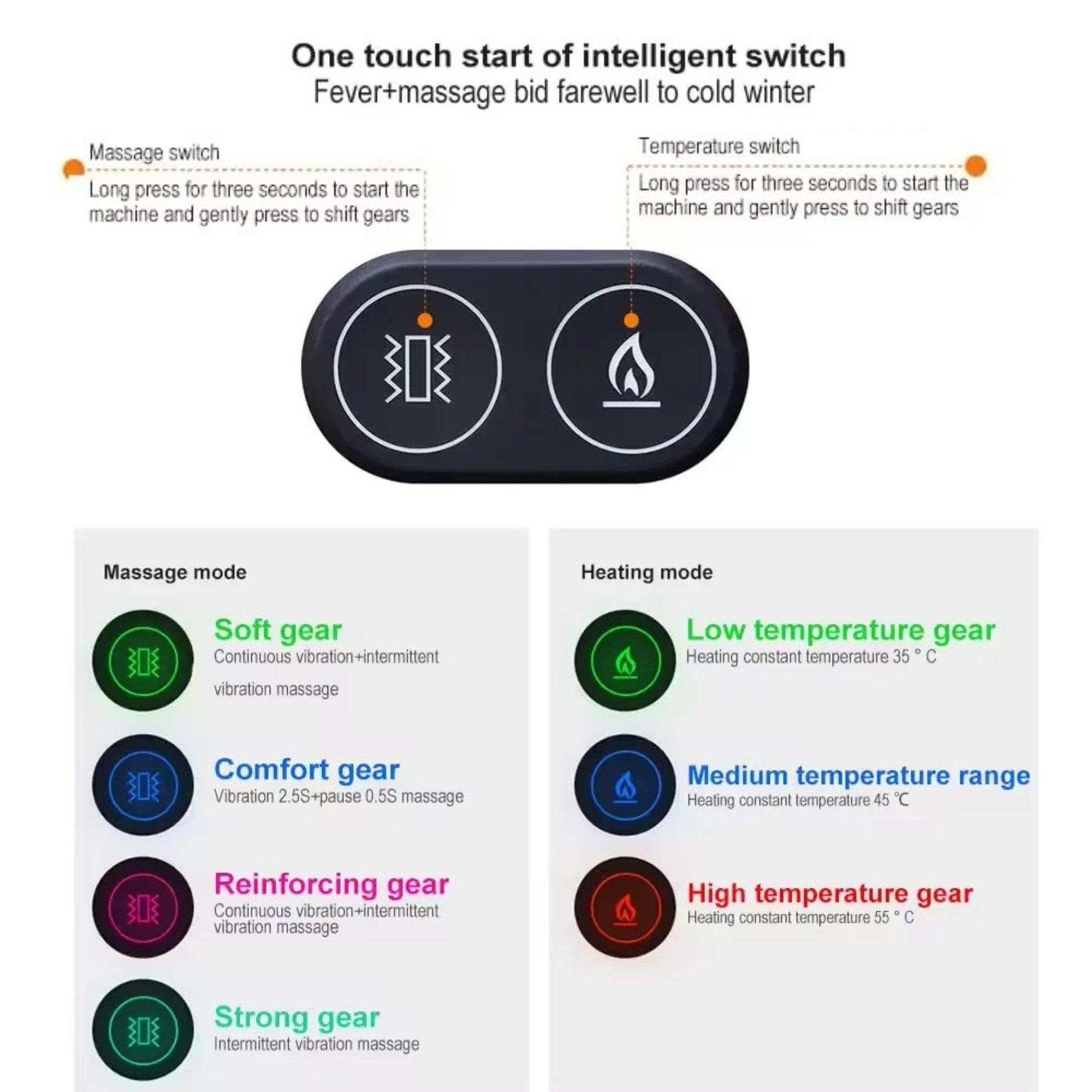 Heated scarf control panel showing massage and temperature switch with mode options chart, TUTT