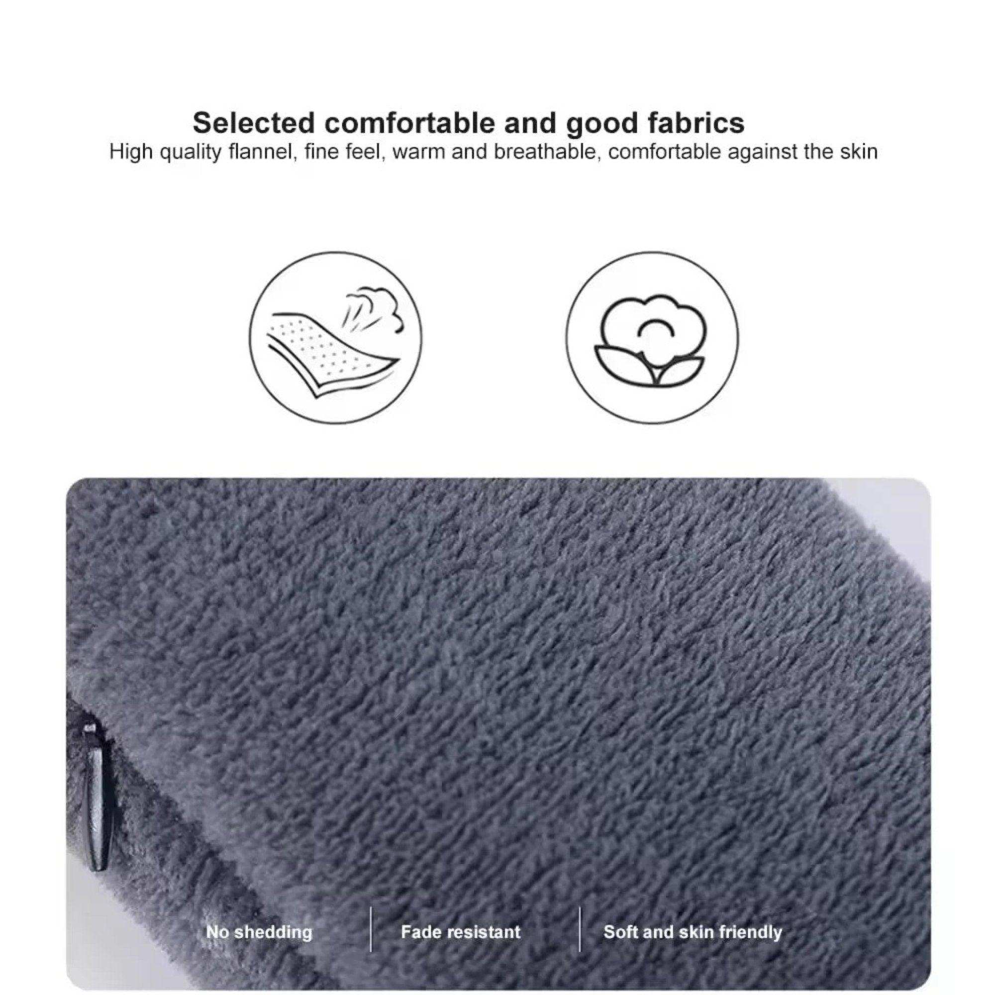 Close-up of gray flannel heated scarf with soft texture, no shedding, fade resistant, TUTT