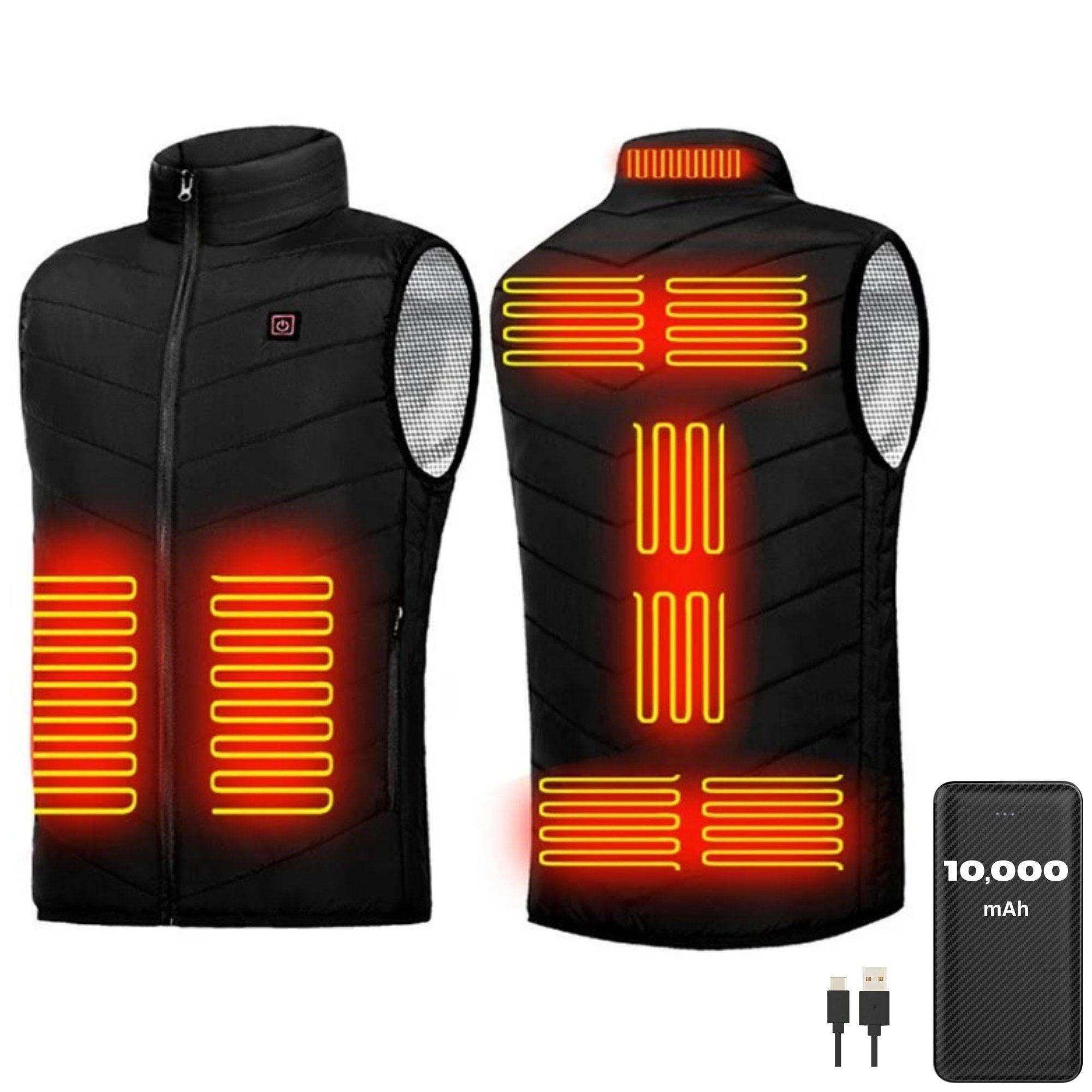 Black unisex heated vest with visible heating zones, USB cable, and 10,000 mAh power bank TUTT