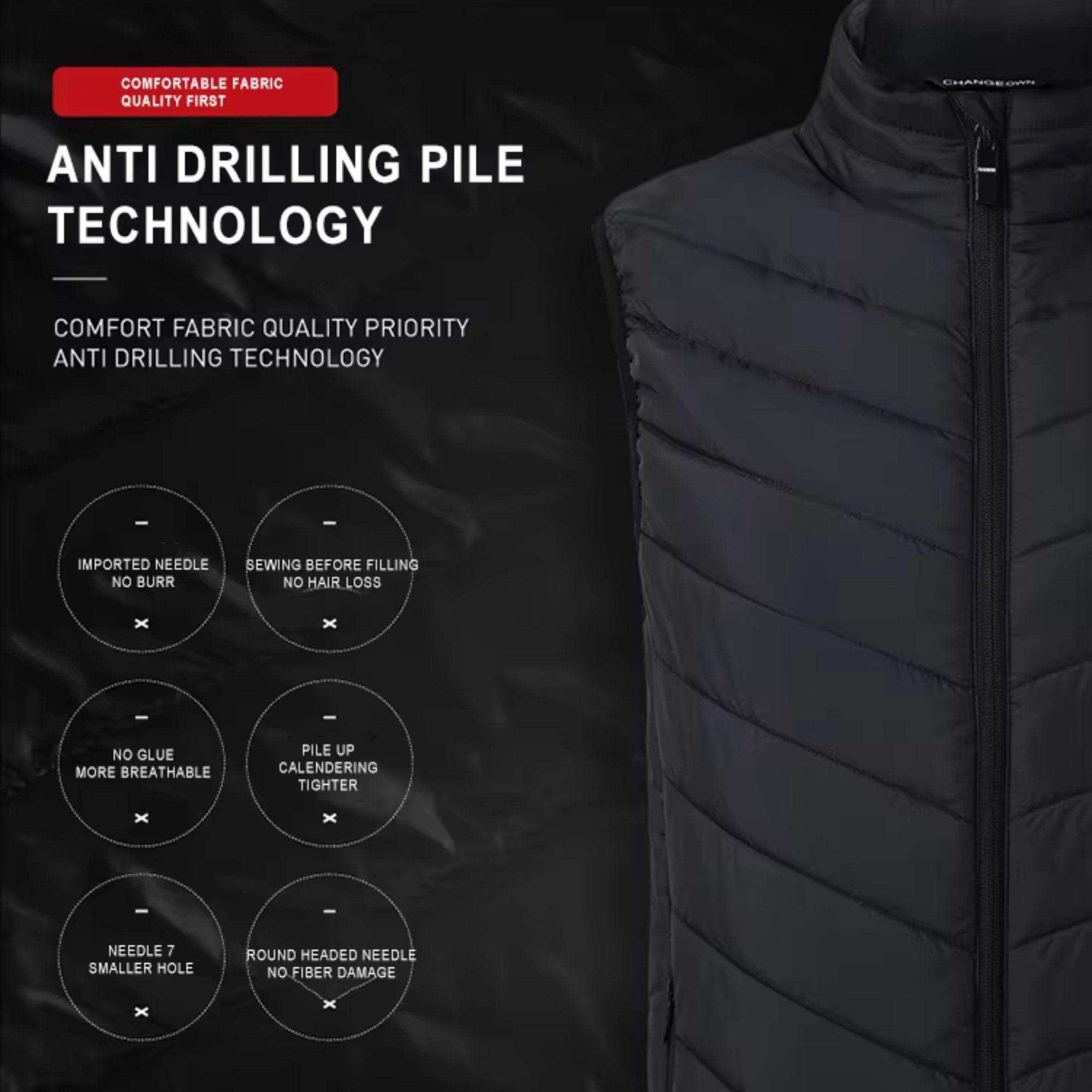 Black unisex heated vest jacket with anti drilling pile technology and comfort fabric features. TUTT