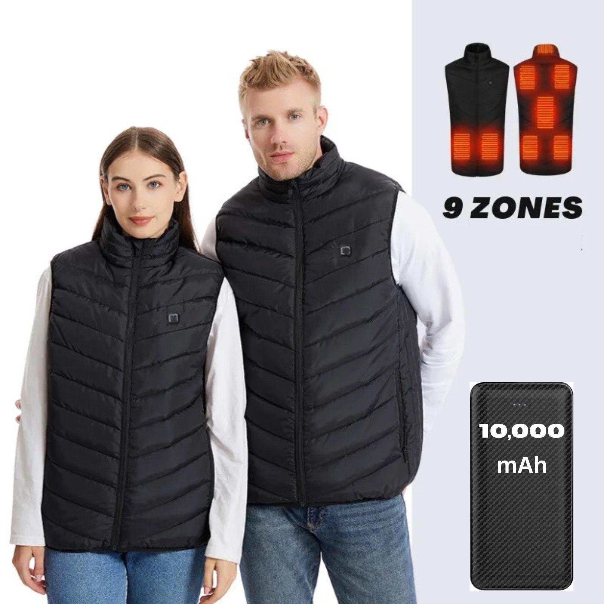Unisex heated vest with 9 heat zones, 10000mAh power bank, black electric jacket TUTT