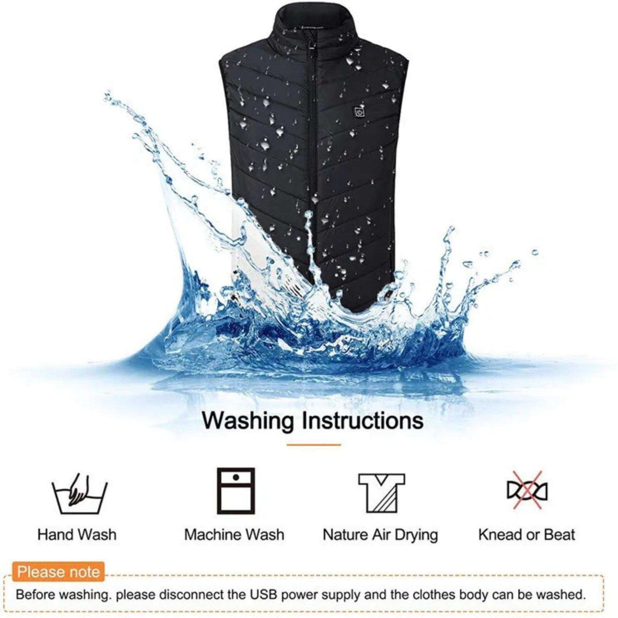 Black heated vest jacket with water splash, washing instructions icons shown below, TUTT