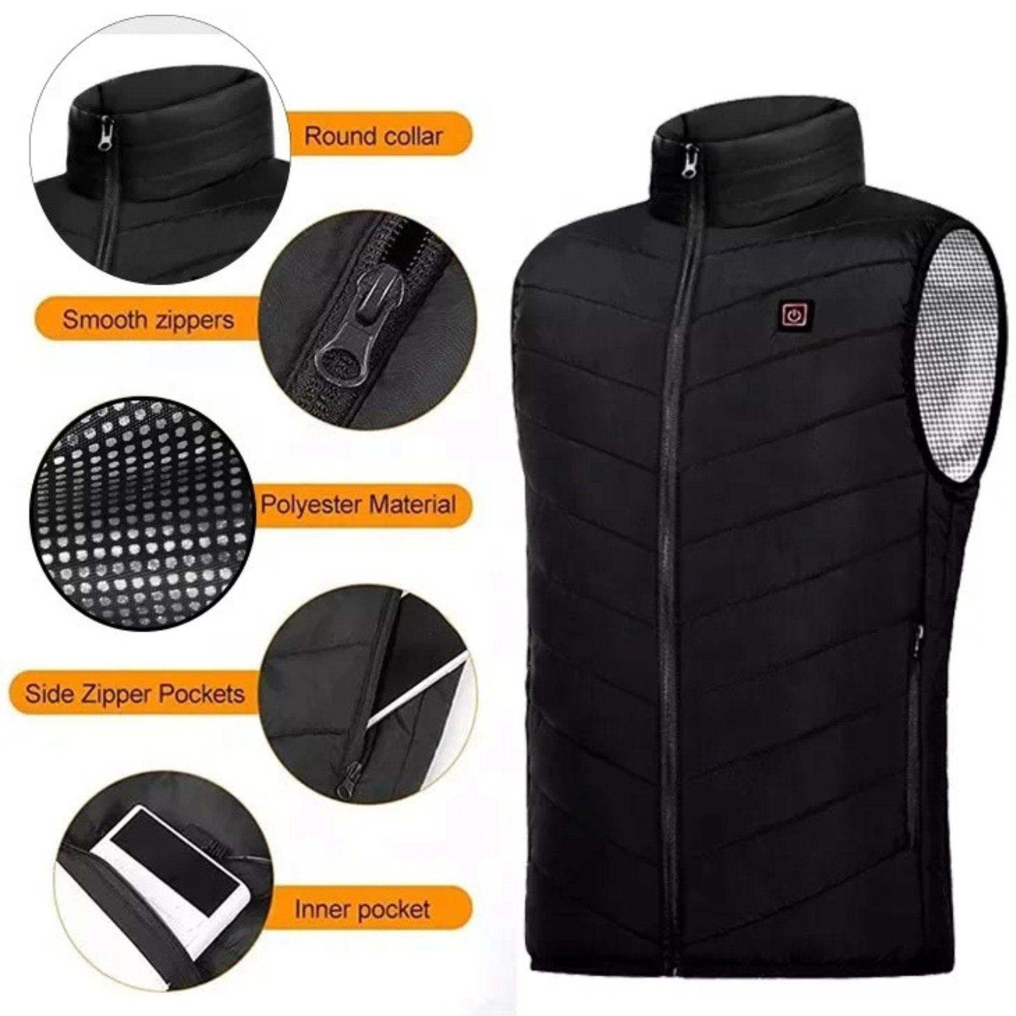 Black unisex heated vest jacket with zippers, pockets, and polyester material features, TUTT