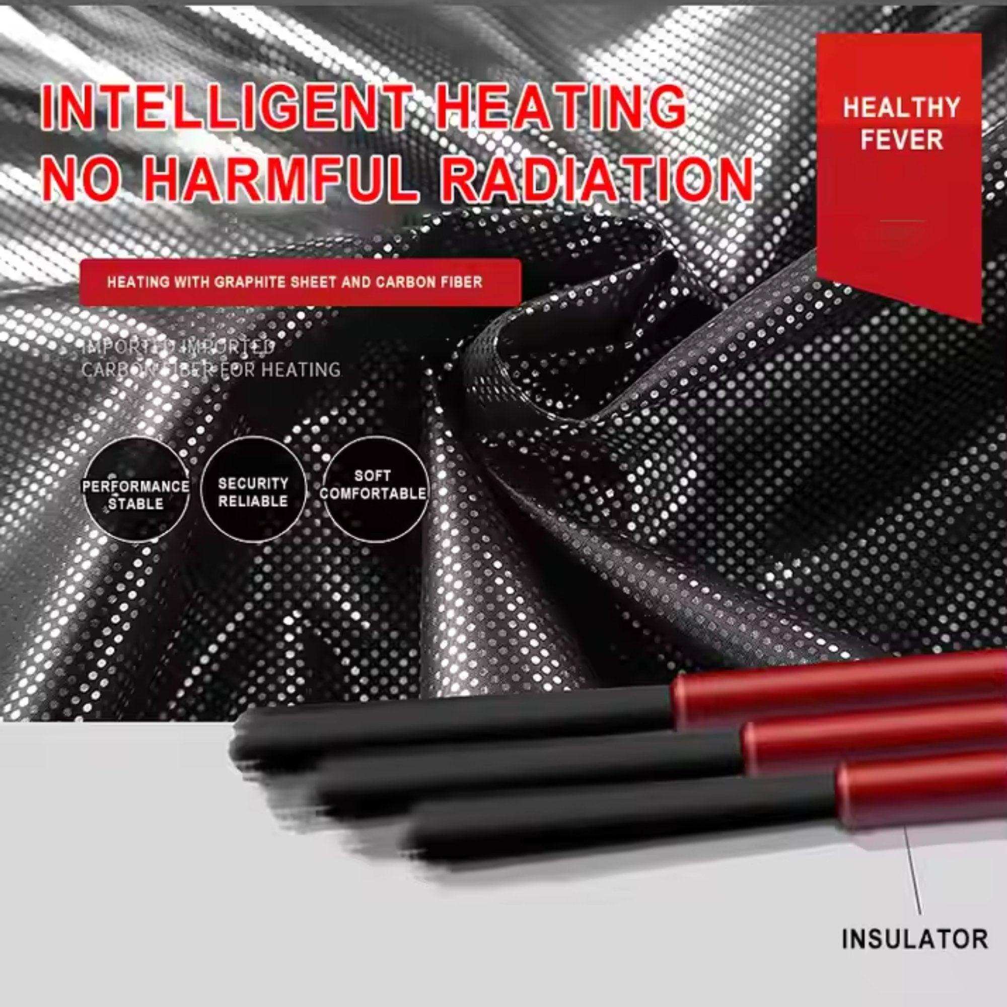 Black and silver graphite heating fabric with red insulator rods, intelligent heating features, TUTT