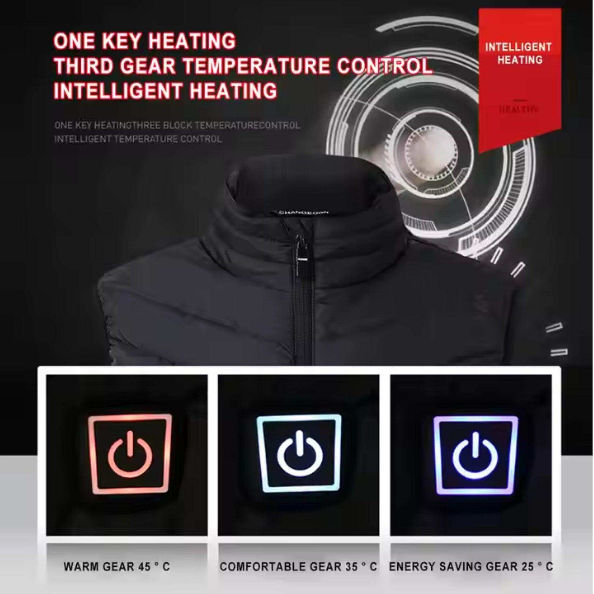 Black heated vest jacket with three temperature control buttons and digital background, TUTT