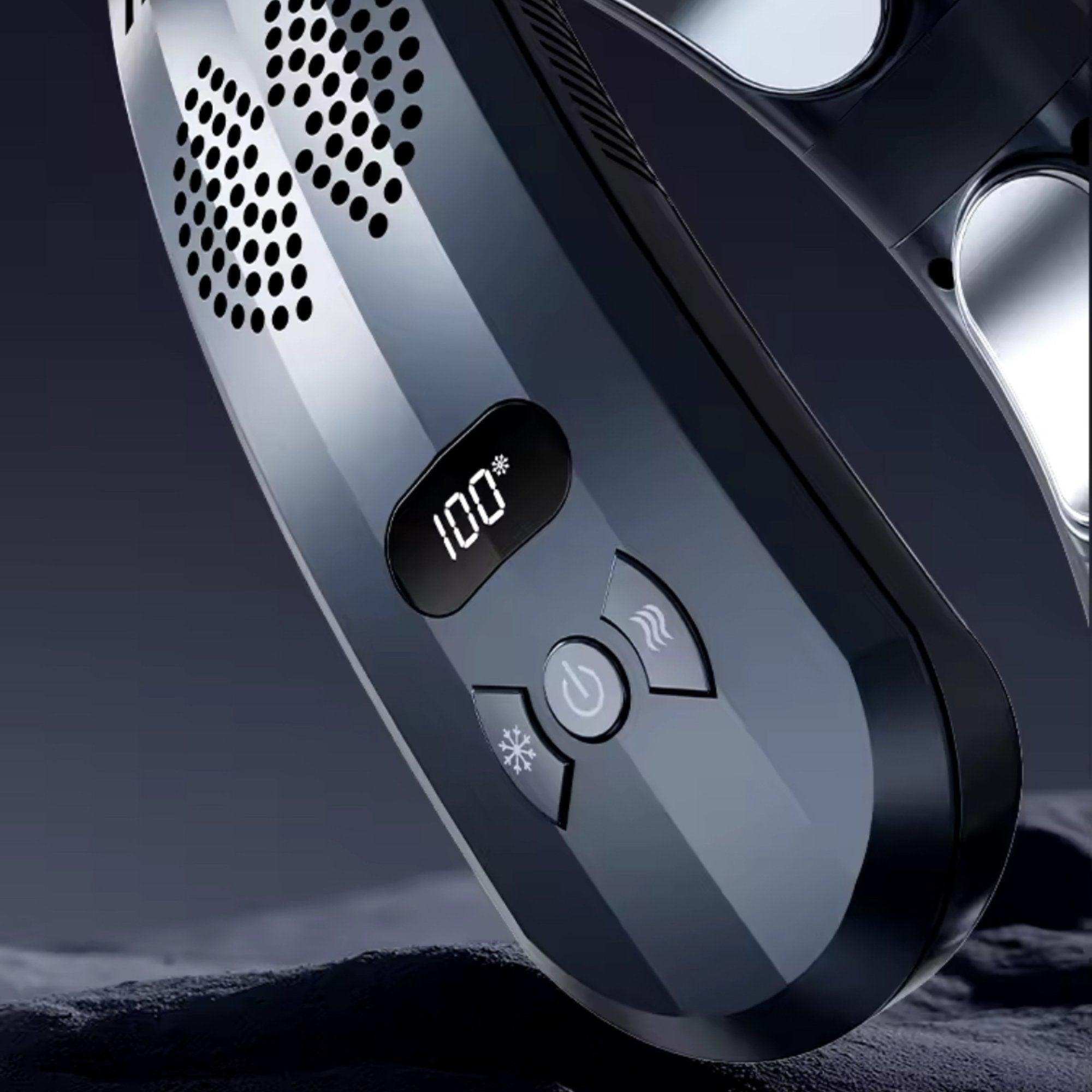 Close-up of navy blue wearable cooling neck fan with digital display and control buttons, TUTT