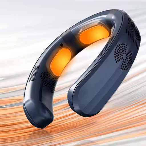 Navy blue wearable neck fan with orange cooling plates and air vents, modern background TUTT