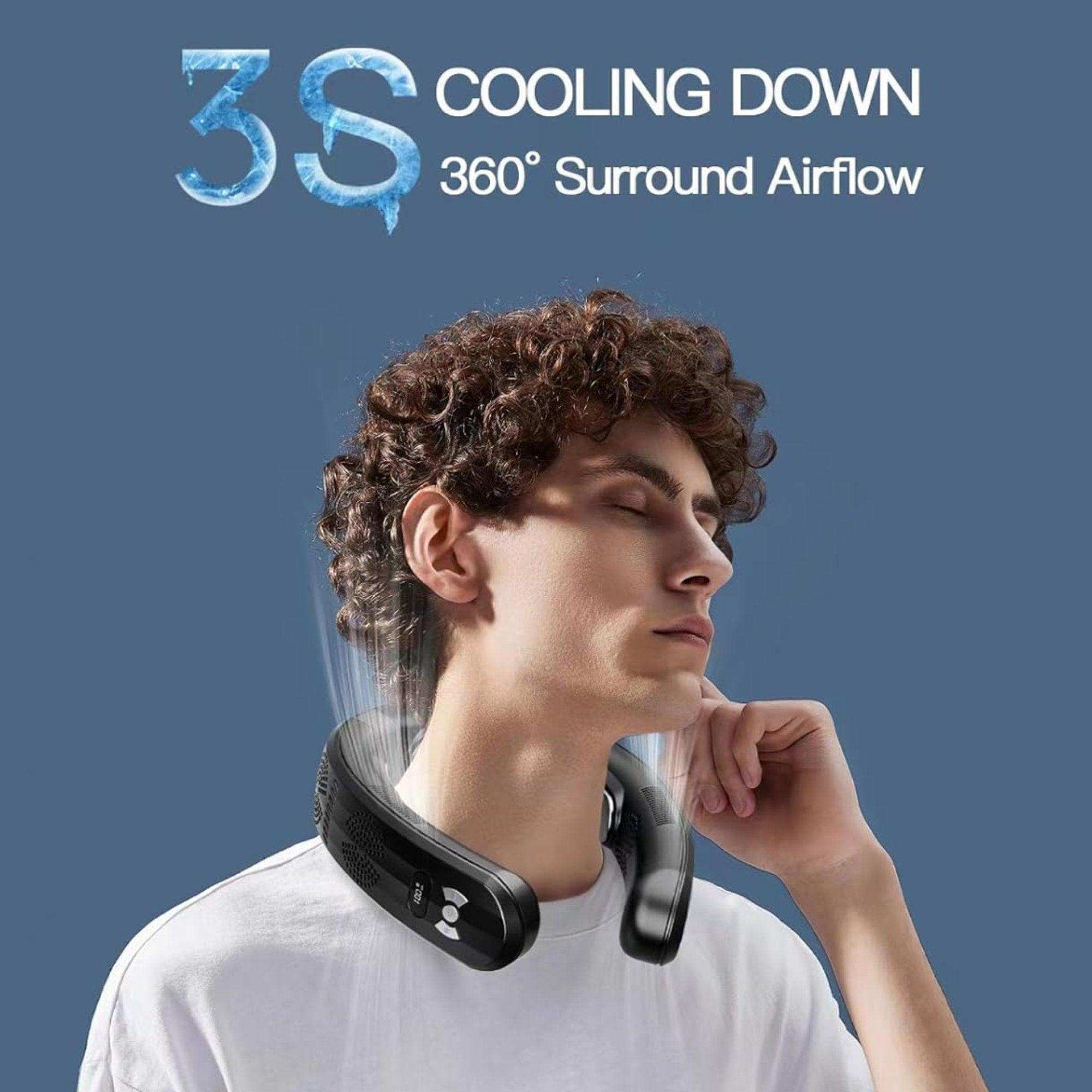 Man wearing navy blue neck fan with 360-degree airflow and cooling feature, TUTT