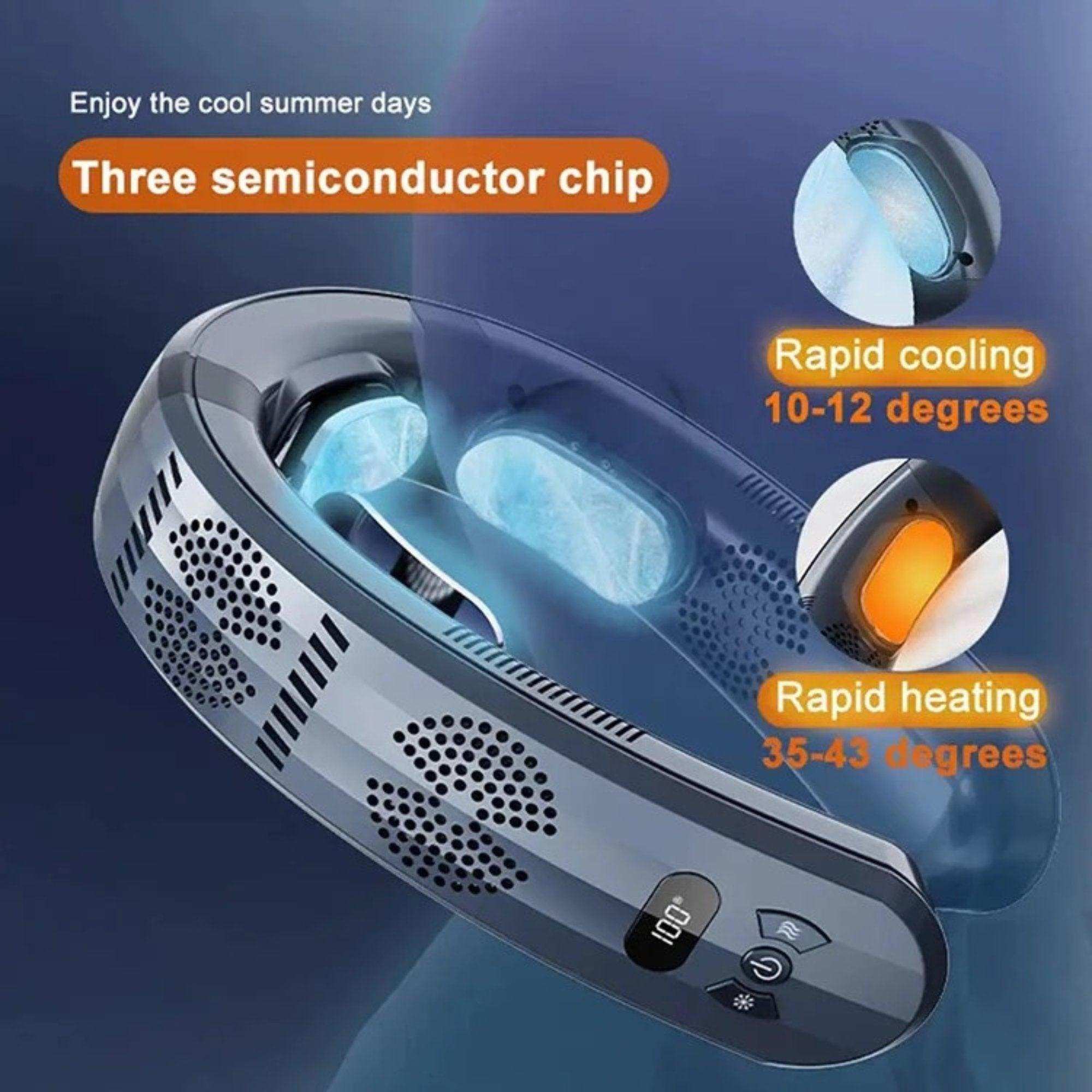 Wearable neck fan with three semiconductor cooling plates, digital display, navy blue, TUTT