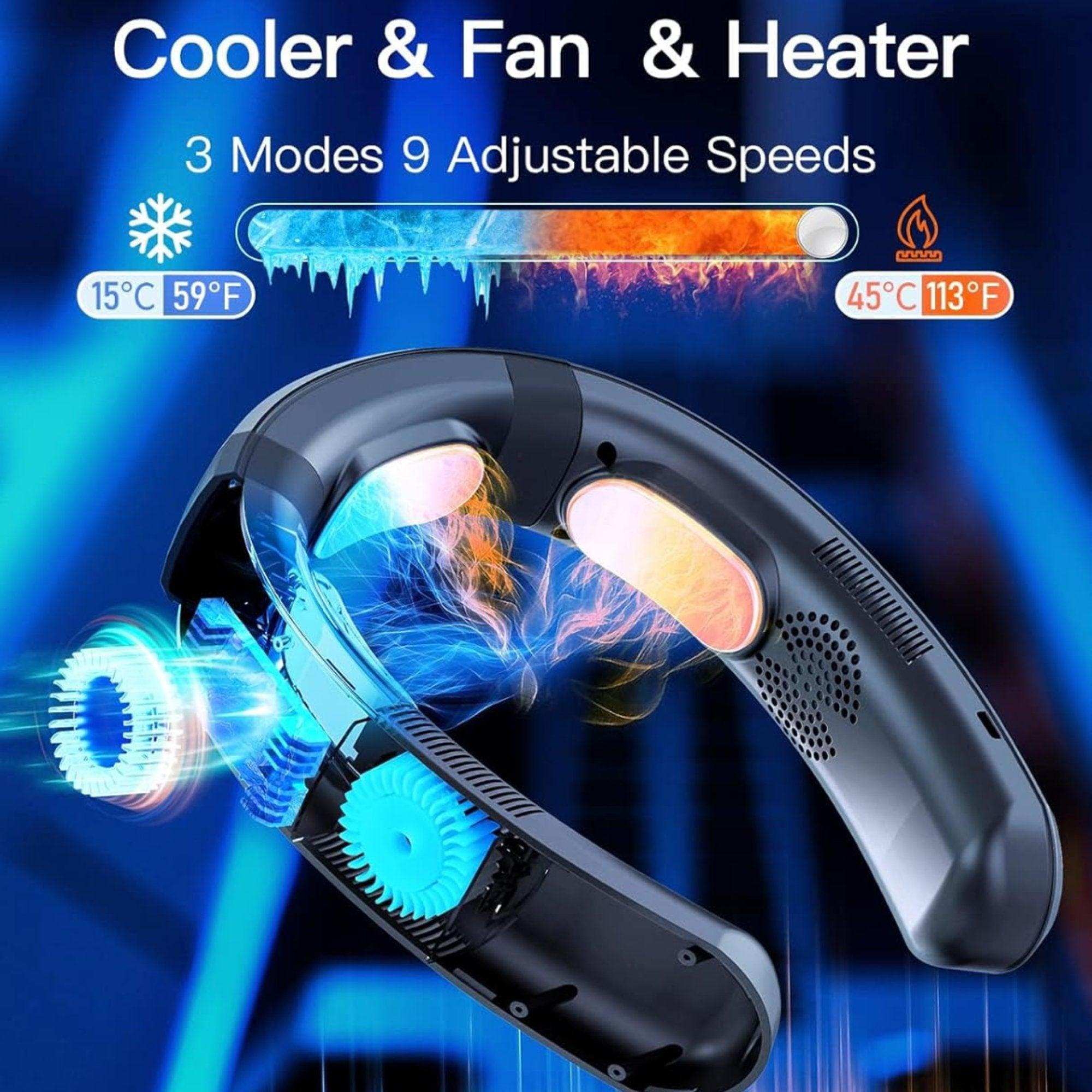 Wearable neck fan and air conditioner in navy blue with heating and cooling functions, TUTT