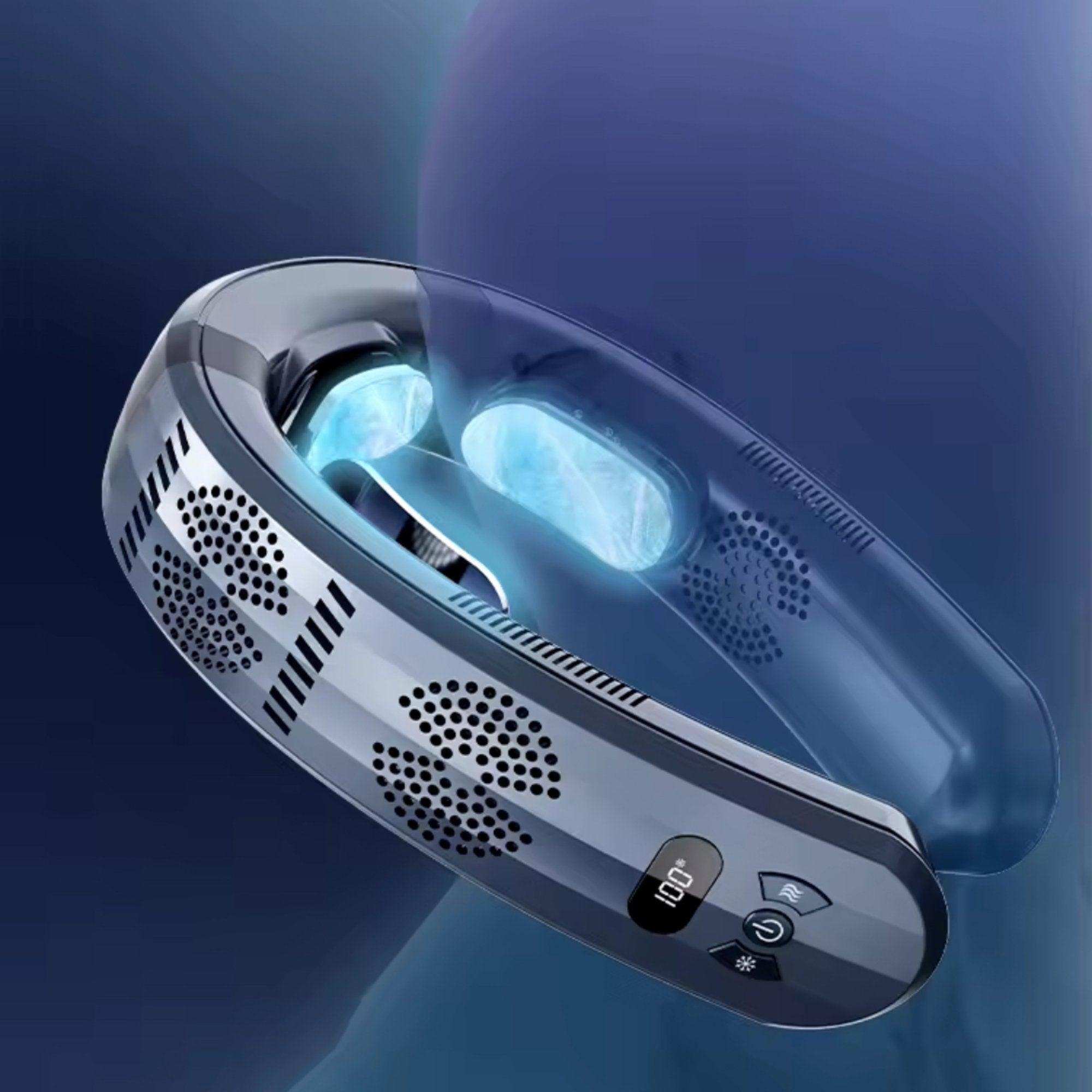Navy blue wearable neck fan air conditioner with control buttons and vents, TUTT