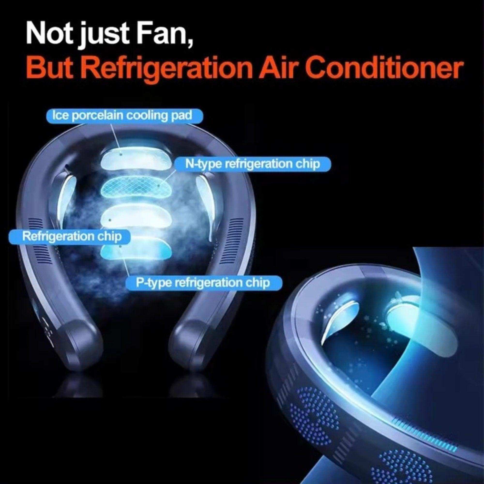 Navy blue TUTT neck fan with refrigeration chips, cooling pads, and air conditioner feature. TUTT