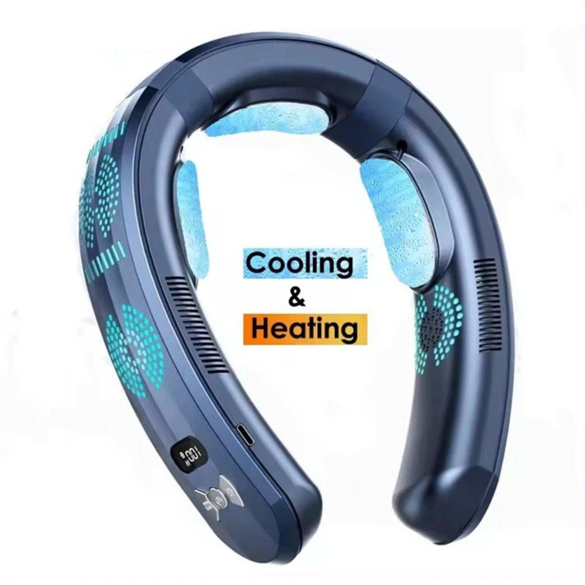 Navy blue 2-in-1 wearable neck fan and air conditioner with cooling and heating display, TUTT
