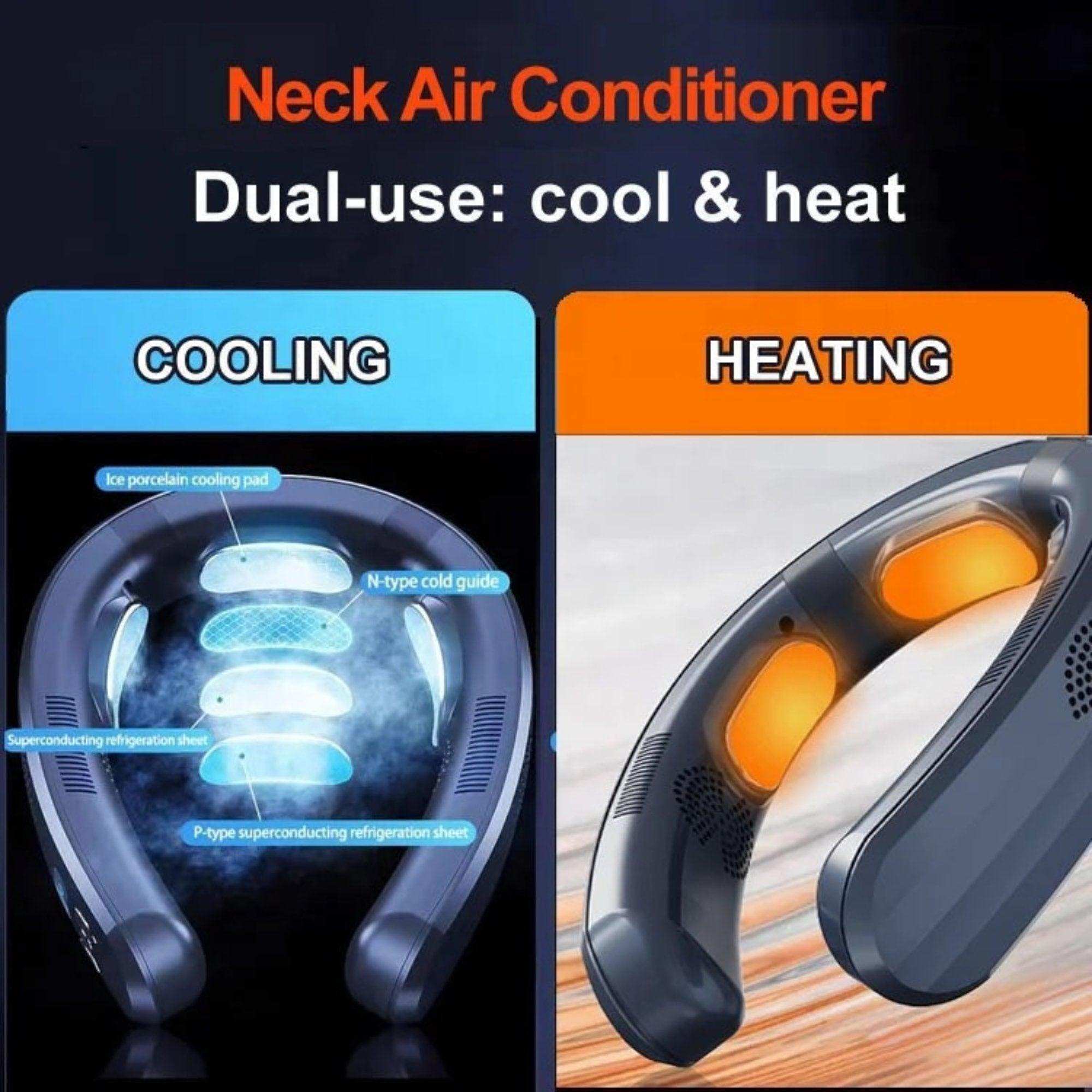 Dual-use neck air conditioner wearable fan in navy blue, showing cooling and heating modes, TUTT