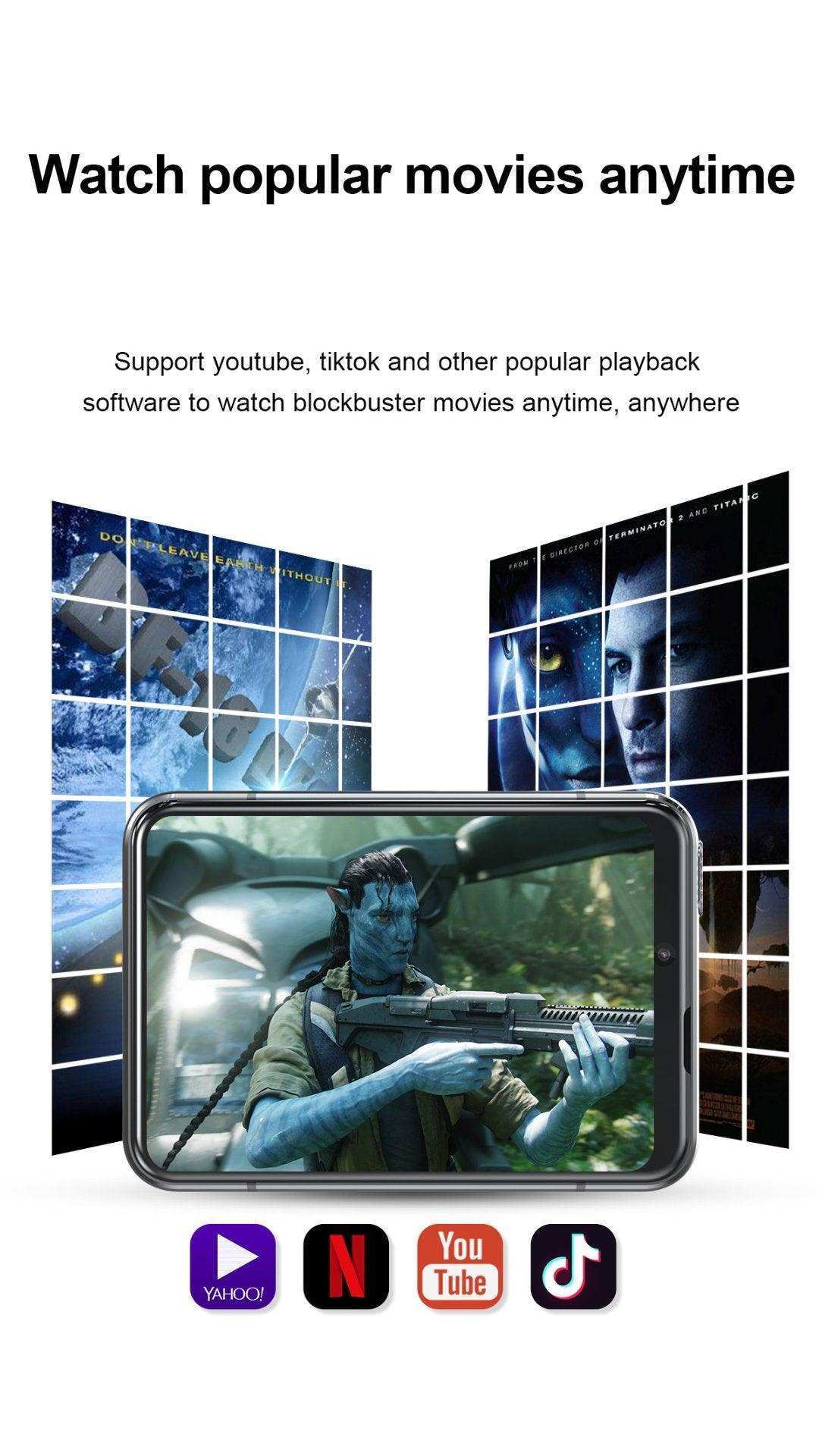 Smartwatch displaying movie scene, streaming apps icons below, movie posters in background TUTT