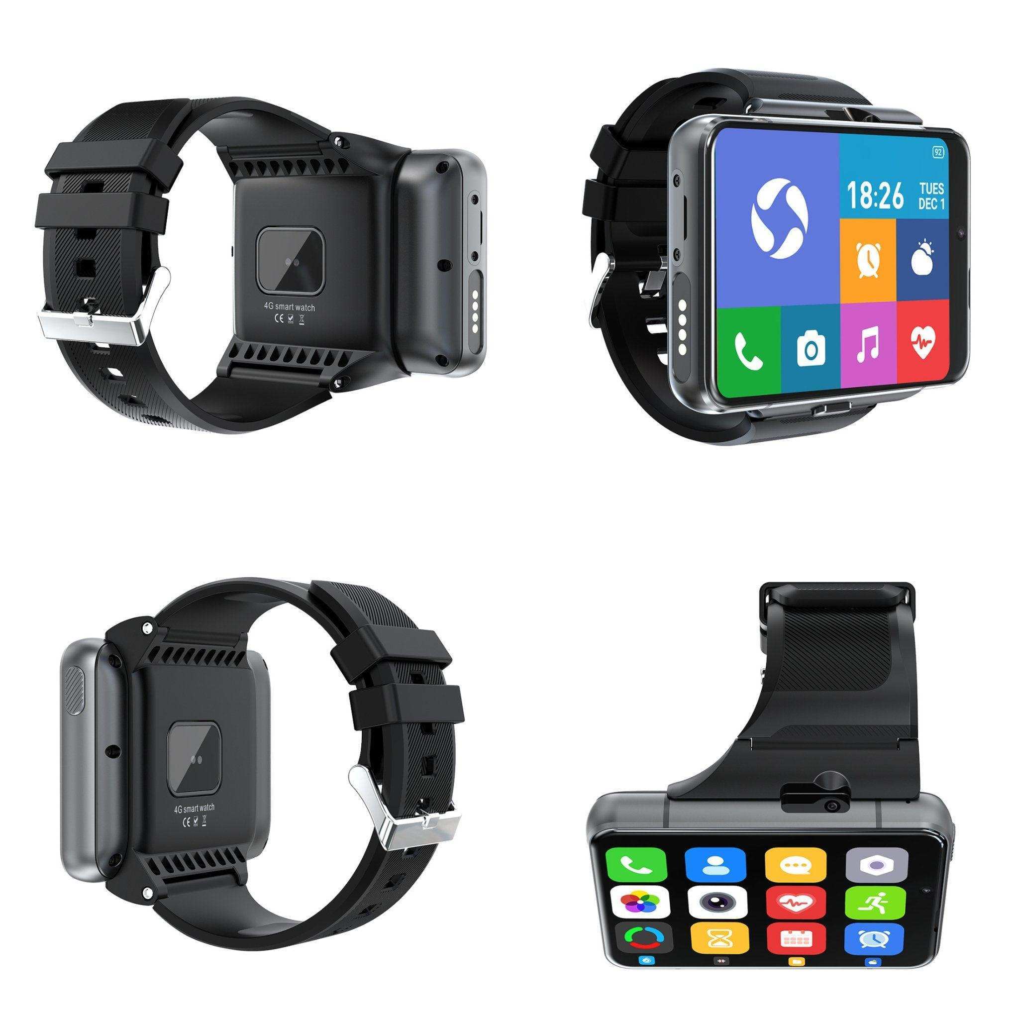 Black 4G Android smartwatch phone with AMOLED display, dual cameras, app icons, and fitness tracking; TUTT