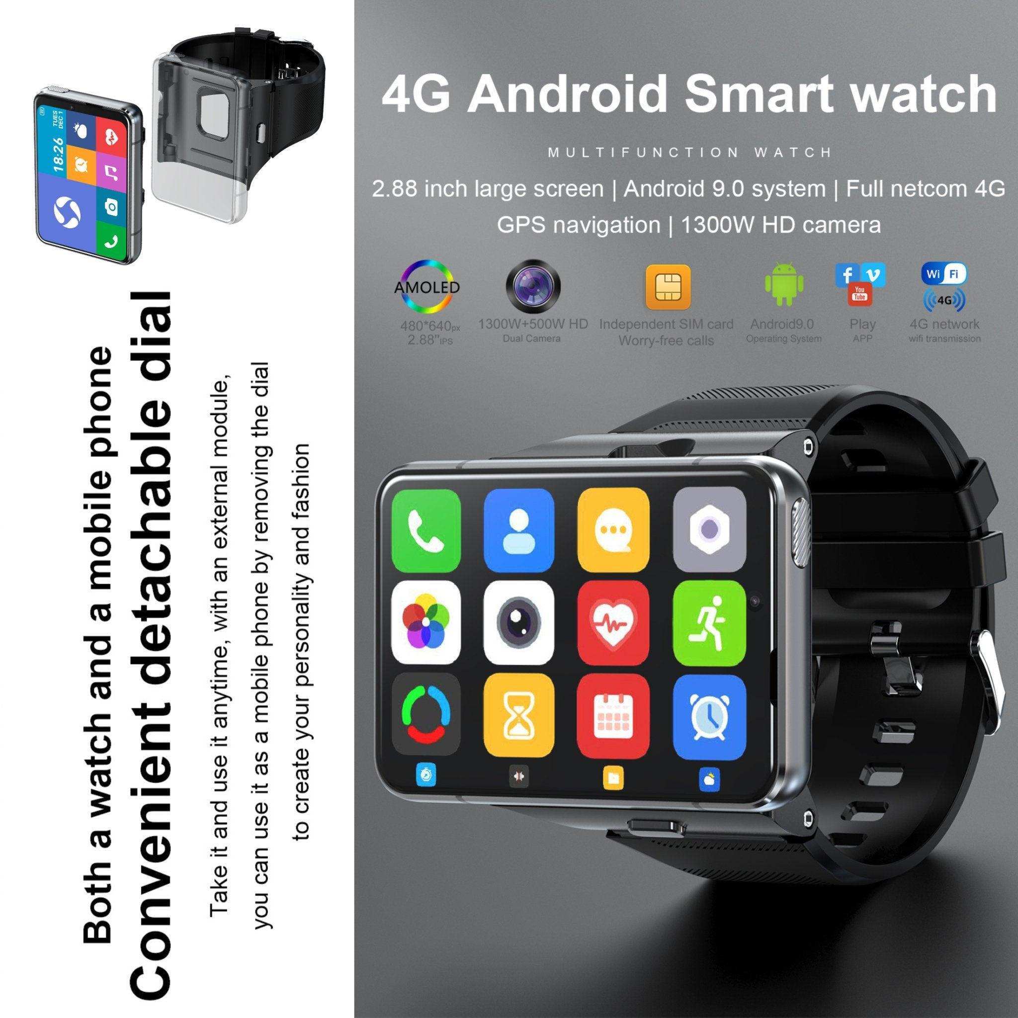 4G Android smart watch phone with detachable dial, large AMOLED screen, fitness app icons, black band, and dual camera features. TUTT