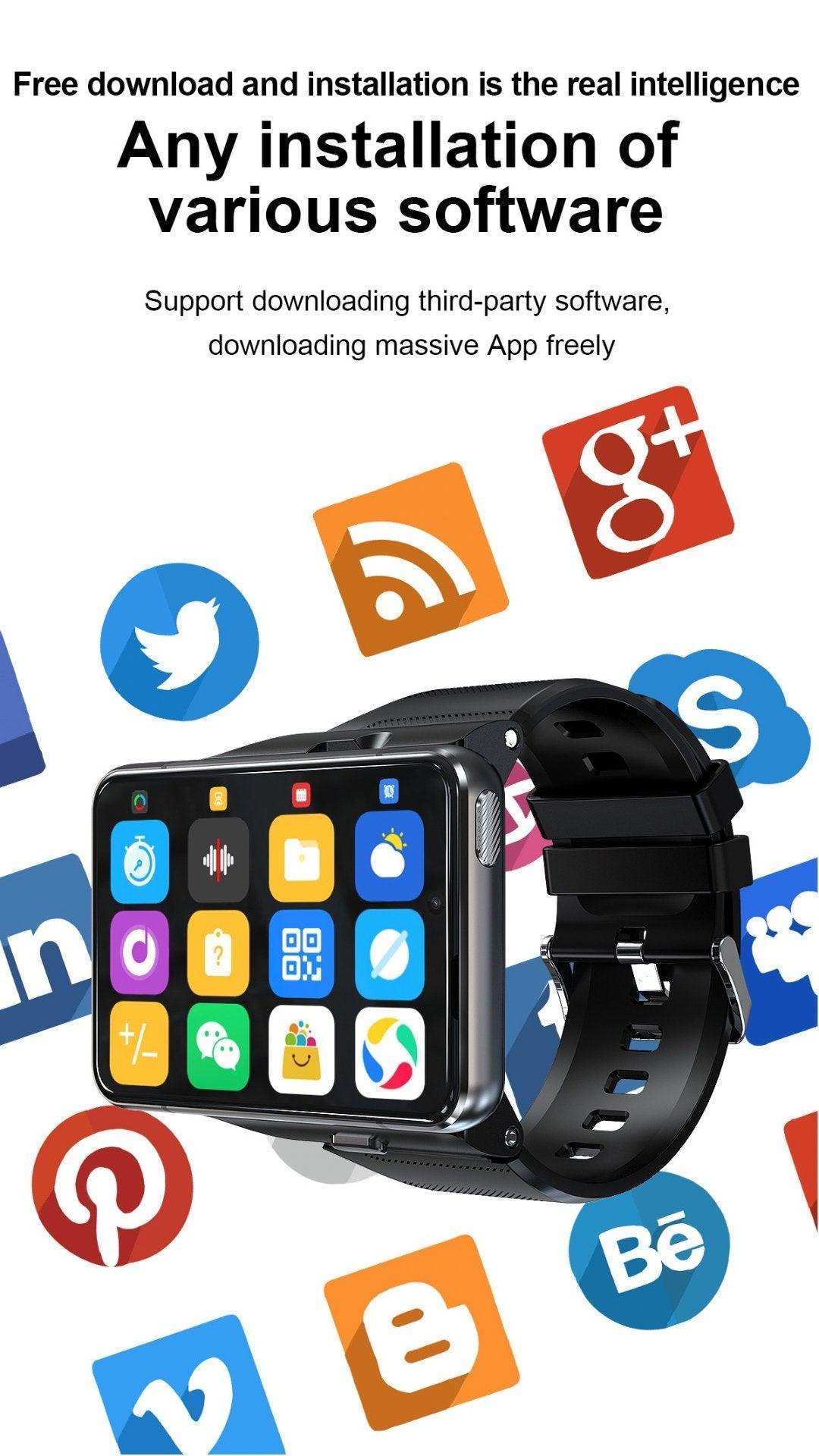 4G Android smartwatch with large touchscreen, app icons, and social media logos, TUTT