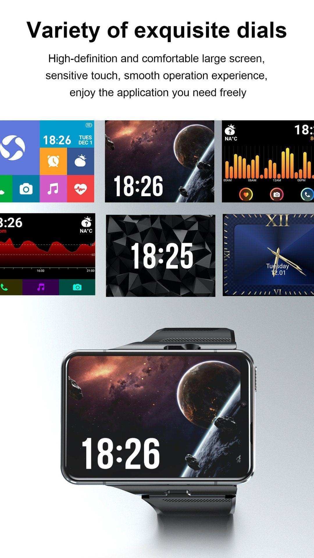 Android smart watch phone with multiple AMOLED and IPS screen dials, space wallpaper, black strap, fitness, and health tracking features TUTT