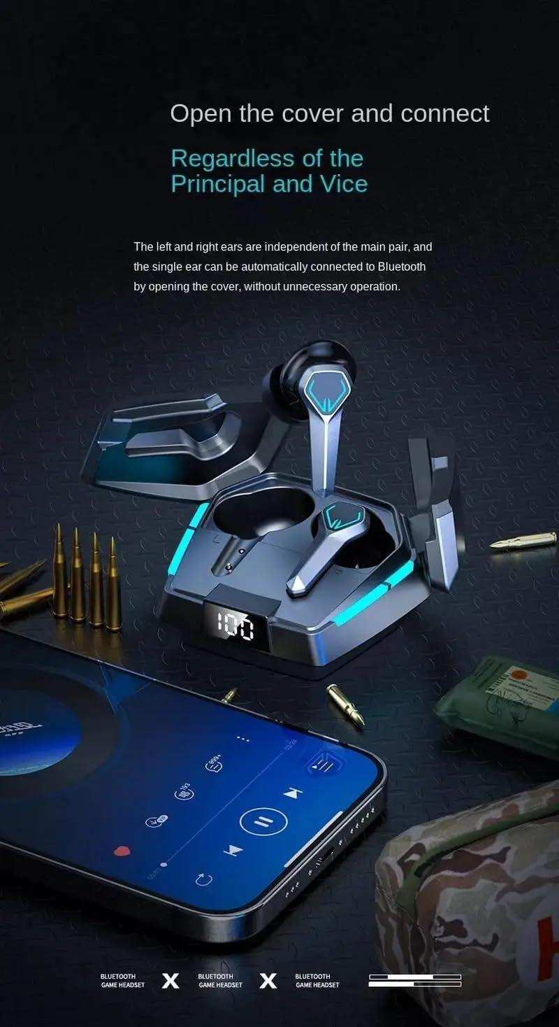 TUTT JX10 TWS gaming wireless earbuds in LED charging case next to smartphone and bullets, for pro gamers TUTT