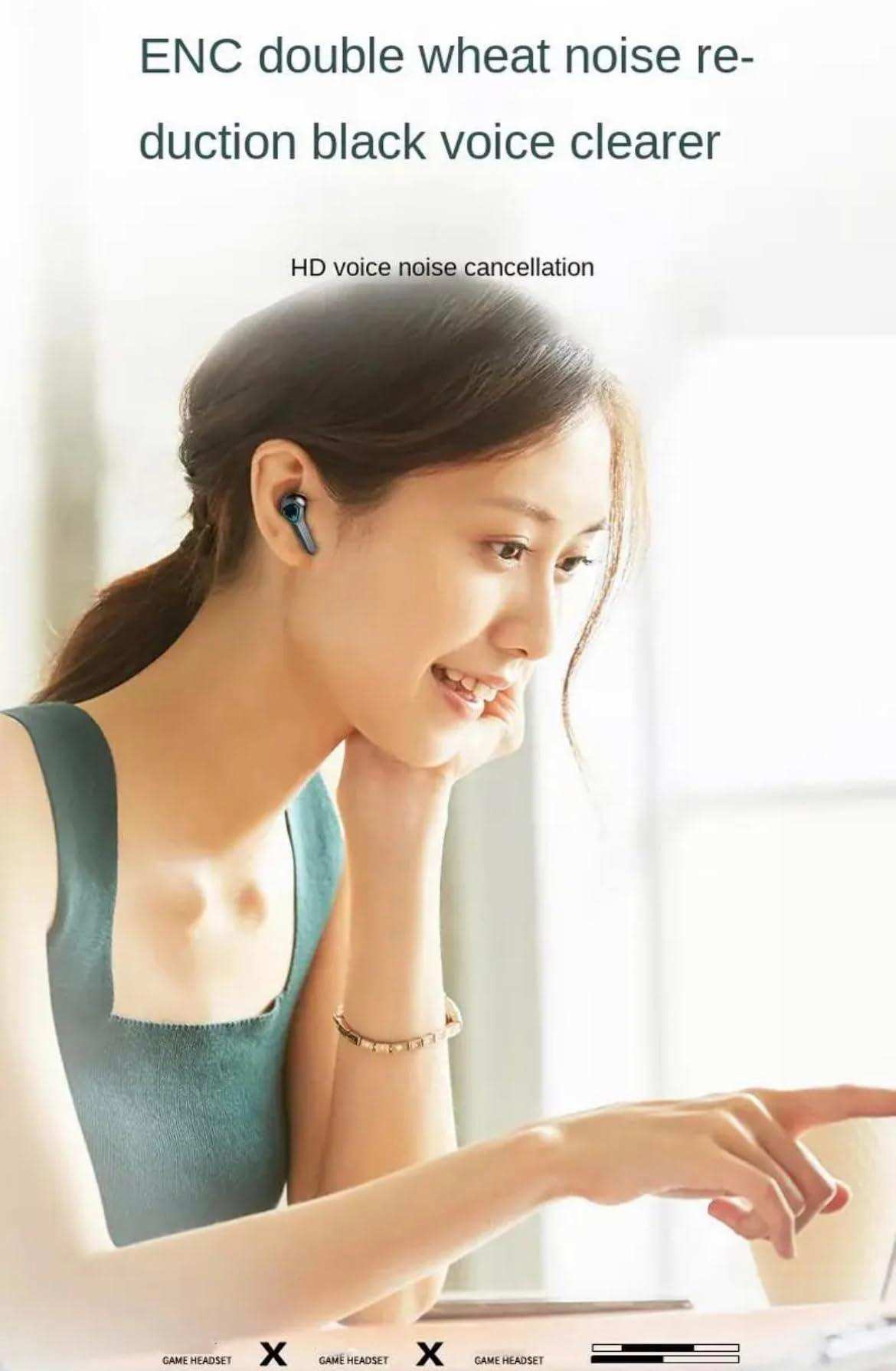 Woman wearing black wireless gaming earbuds with LED display, using a laptop, in bright room, noise cancelling headset TUTT