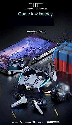 TUTT JX10 TWS wireless gaming earbuds with LED display, futuristic case, and smartphone TUTT