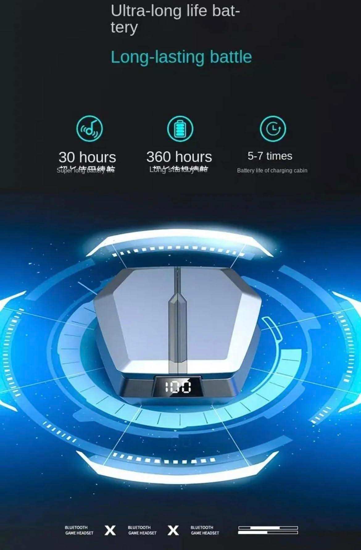 TUTT JX10 TWS wireless gaming earbuds with LED display, futuristic case, battery icons, and specs TUTT
