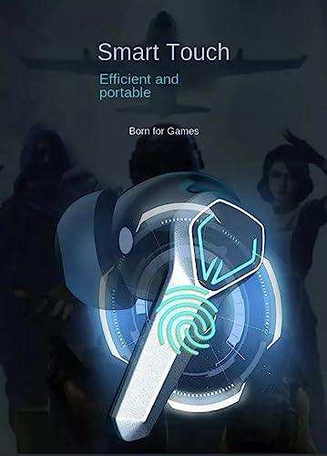 TUTT JX10 TWS wireless gaming earbuds with LED display and smart touch, shown with gamers.