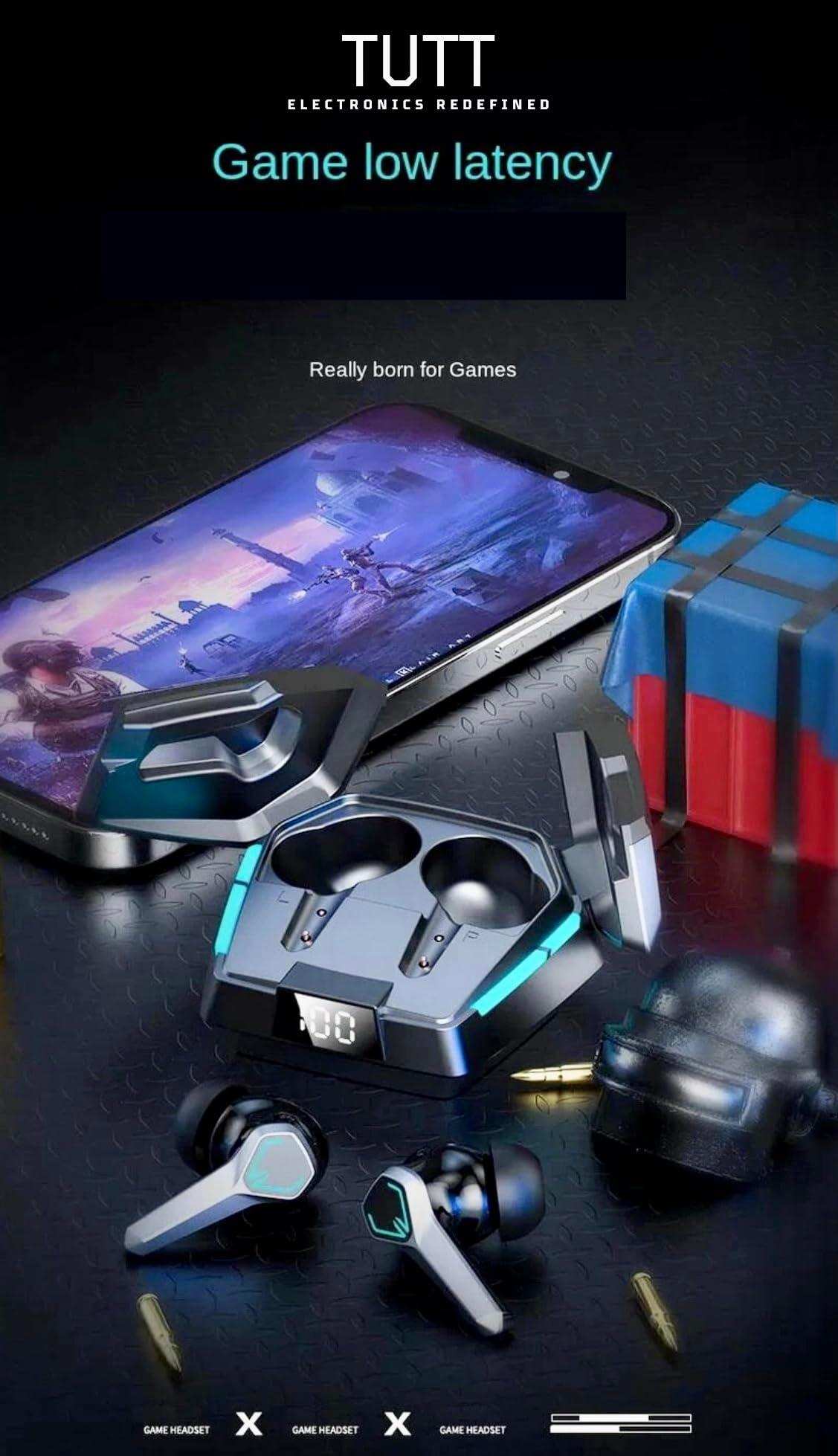 TUTT JX10 TWS wireless gaming earbuds and LED charging case with smartphone, helmet, and bullets, gaming headset for pro gamers, noise cancelling. TUTT