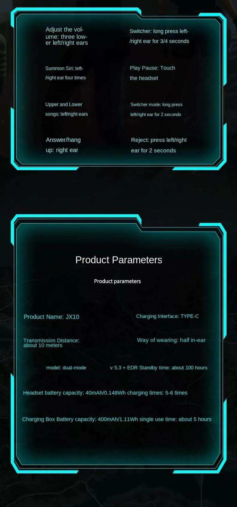 TUTT JX10 TWS wireless gaming earbuds product parameters and controls displayed on futuristic screen. TUTT