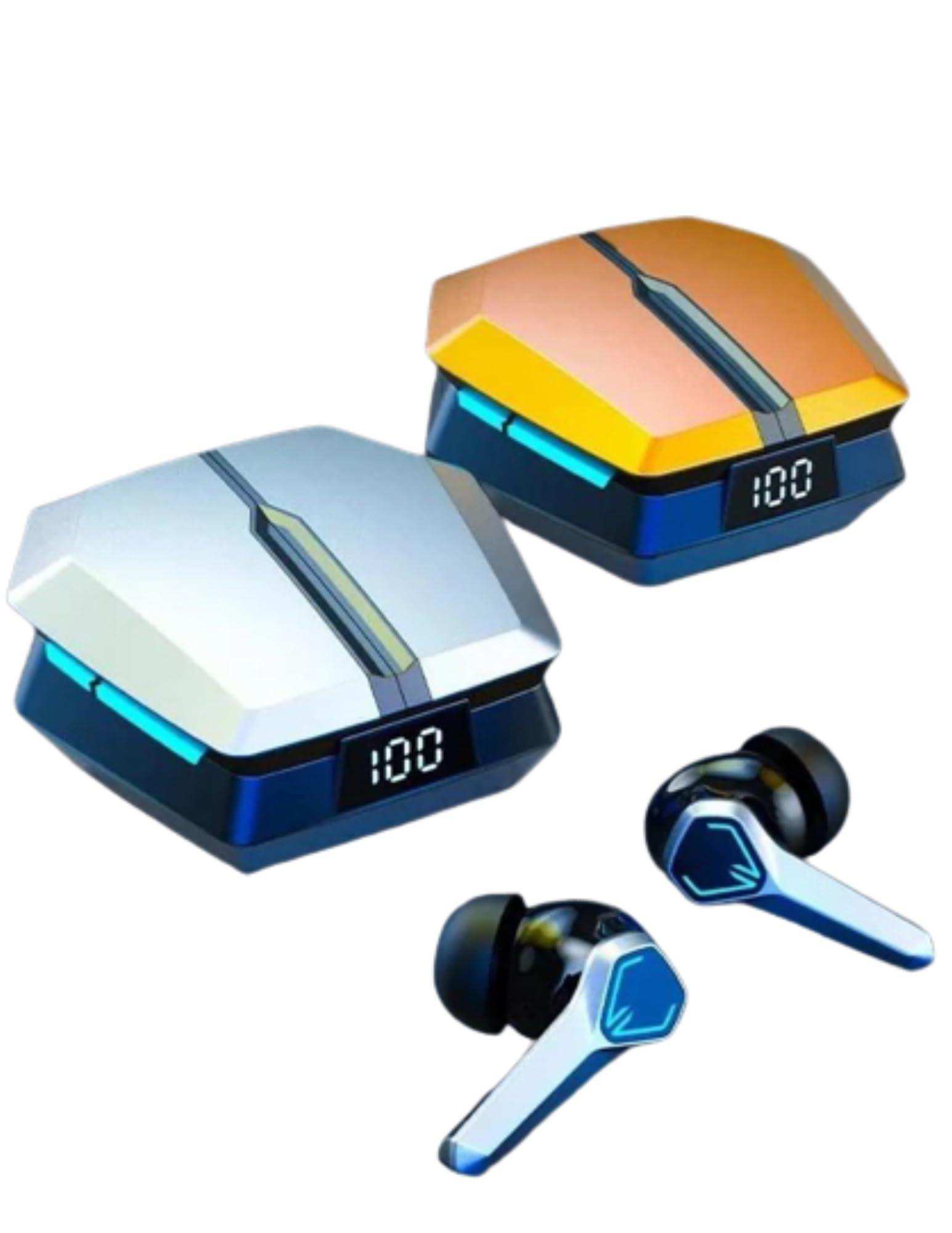 Two futuristic gaming wireless earbud charging cases with LED displays and earbuds, TUTT