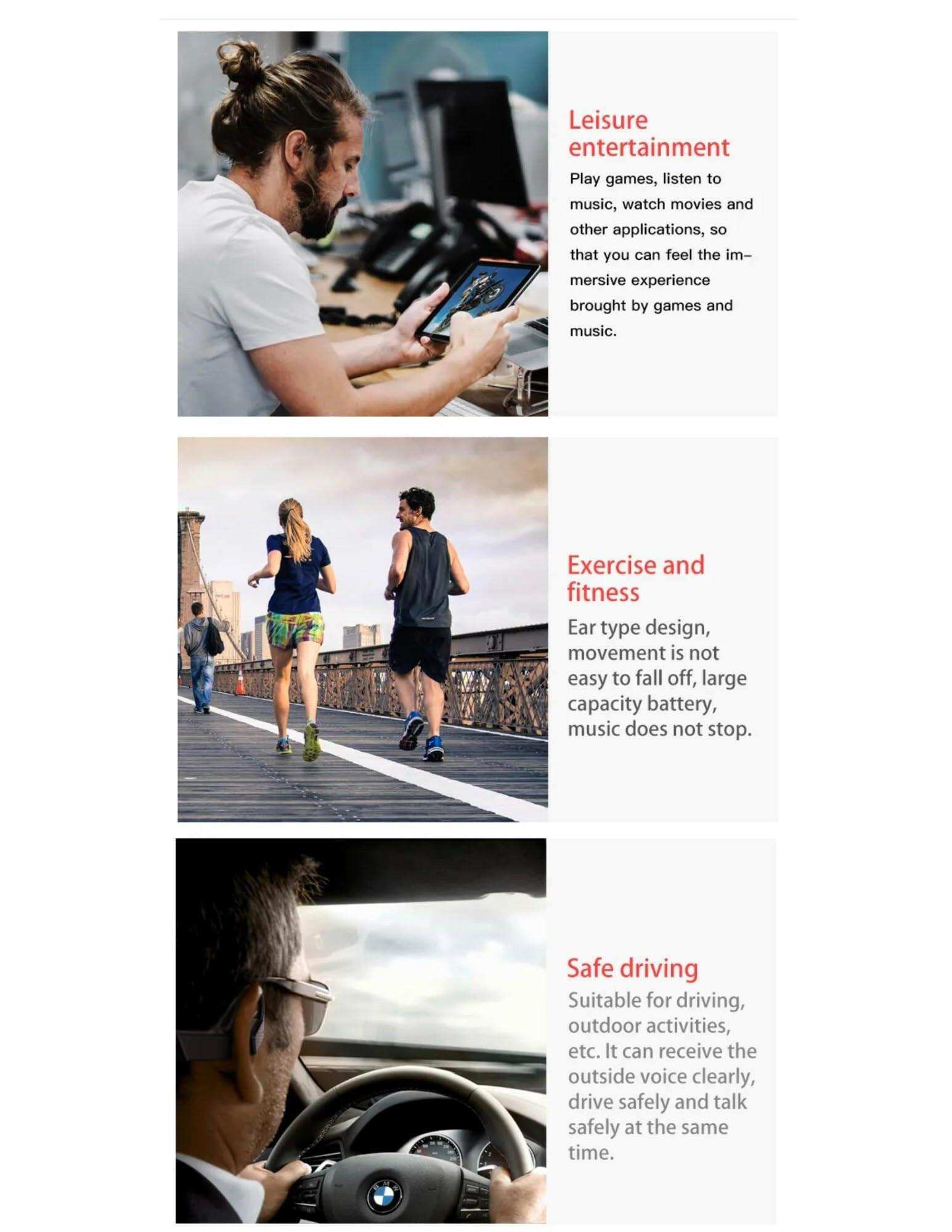 Collage showing a man using a tablet, a couple jogging, and a driver wearing headphones, highlighting TUTT K08 bone conduction earphones for entertainment, fitness, and safe driving. TUTT