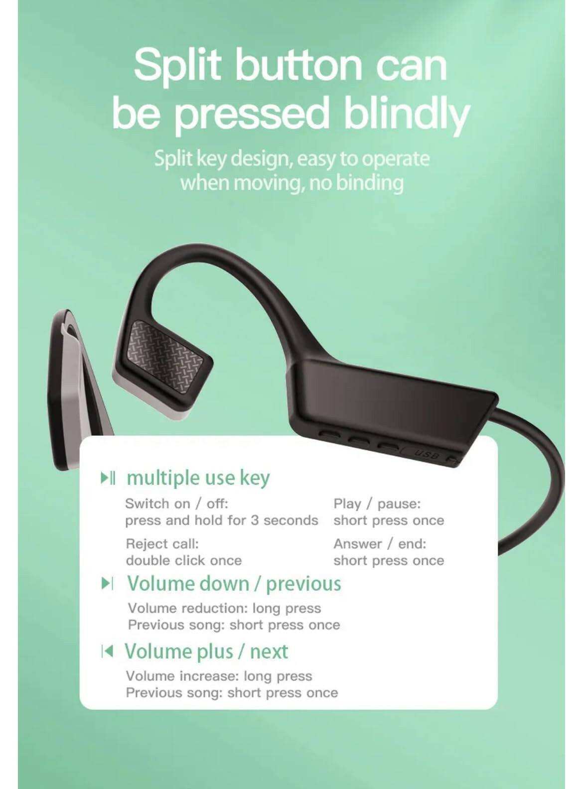 Black TUTT K08 bone conduction wireless headphones with visible control buttons and split key design on green background. TUTT