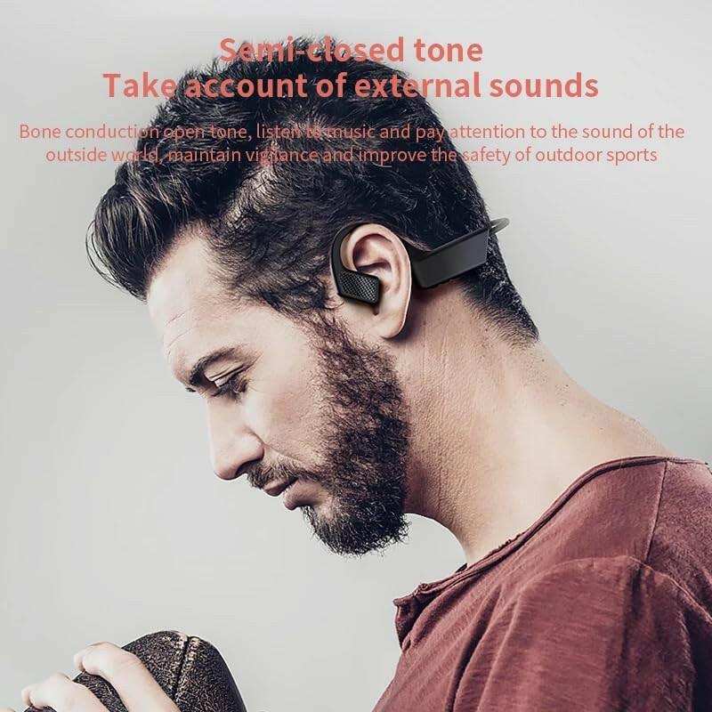 Man wearing TUTT K08 bone conduction wireless headphones, open ear design, close-up. TUTT