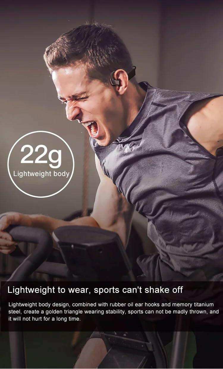 Man using exercise bike wearing black bone conduction wireless sports headphones, 22g lightweight design, TUTT