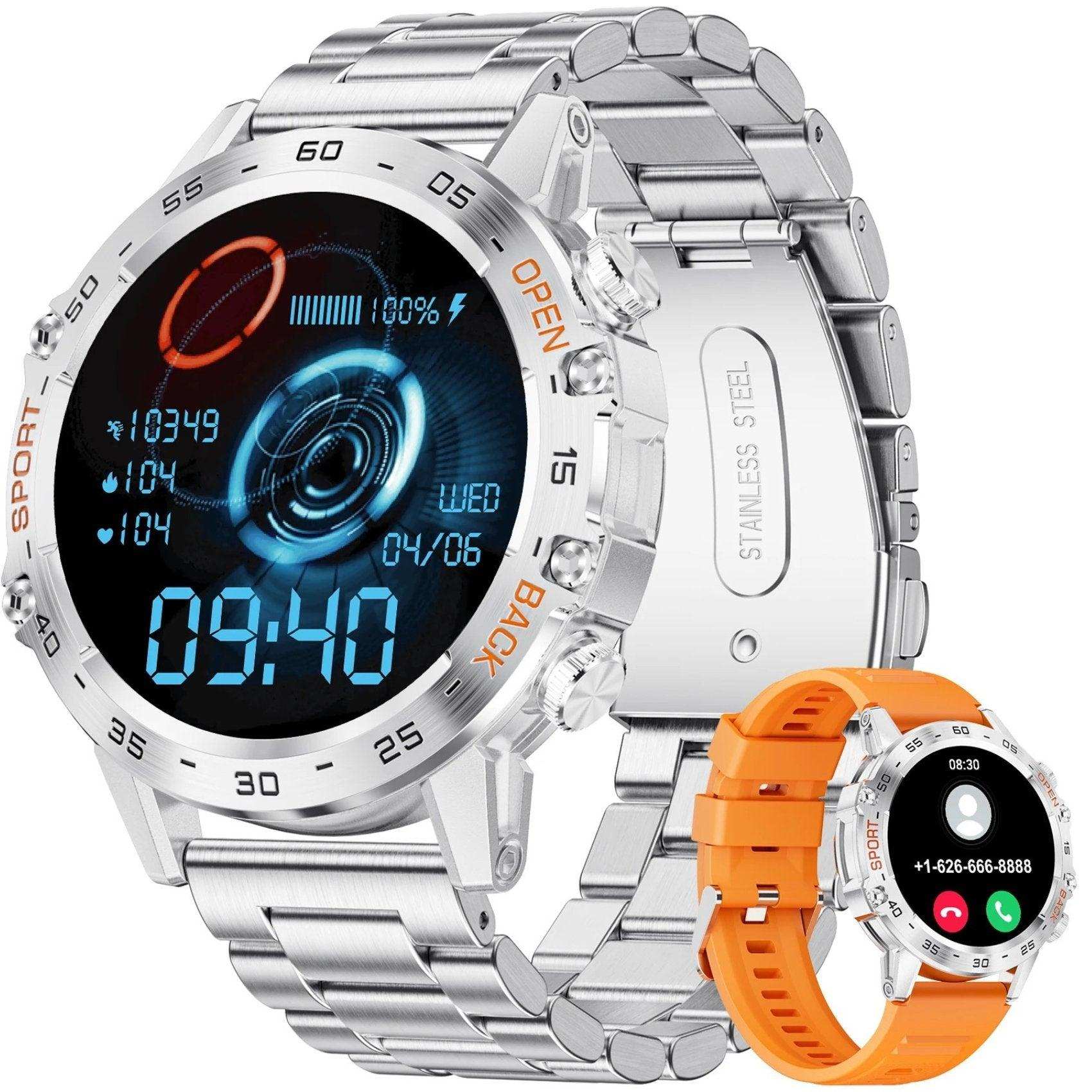 Metal case military rugged smartwatch with silver stainless steel band, orange rubber strap, and digital display, TUTT