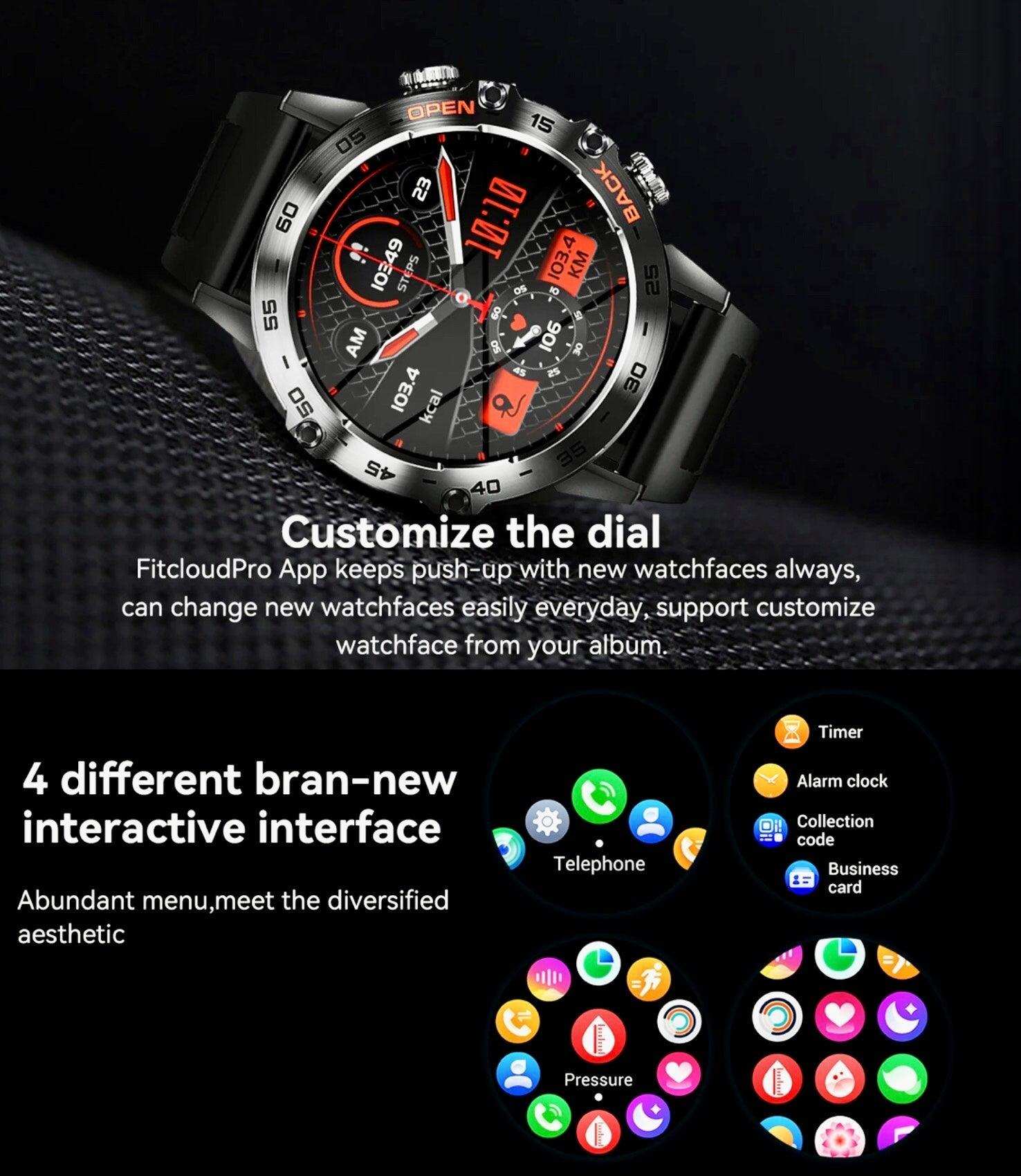 TUTT K52 military rugged smartwatch with metal case, black rubber strap, HD display, and interactive interface options. TUTT