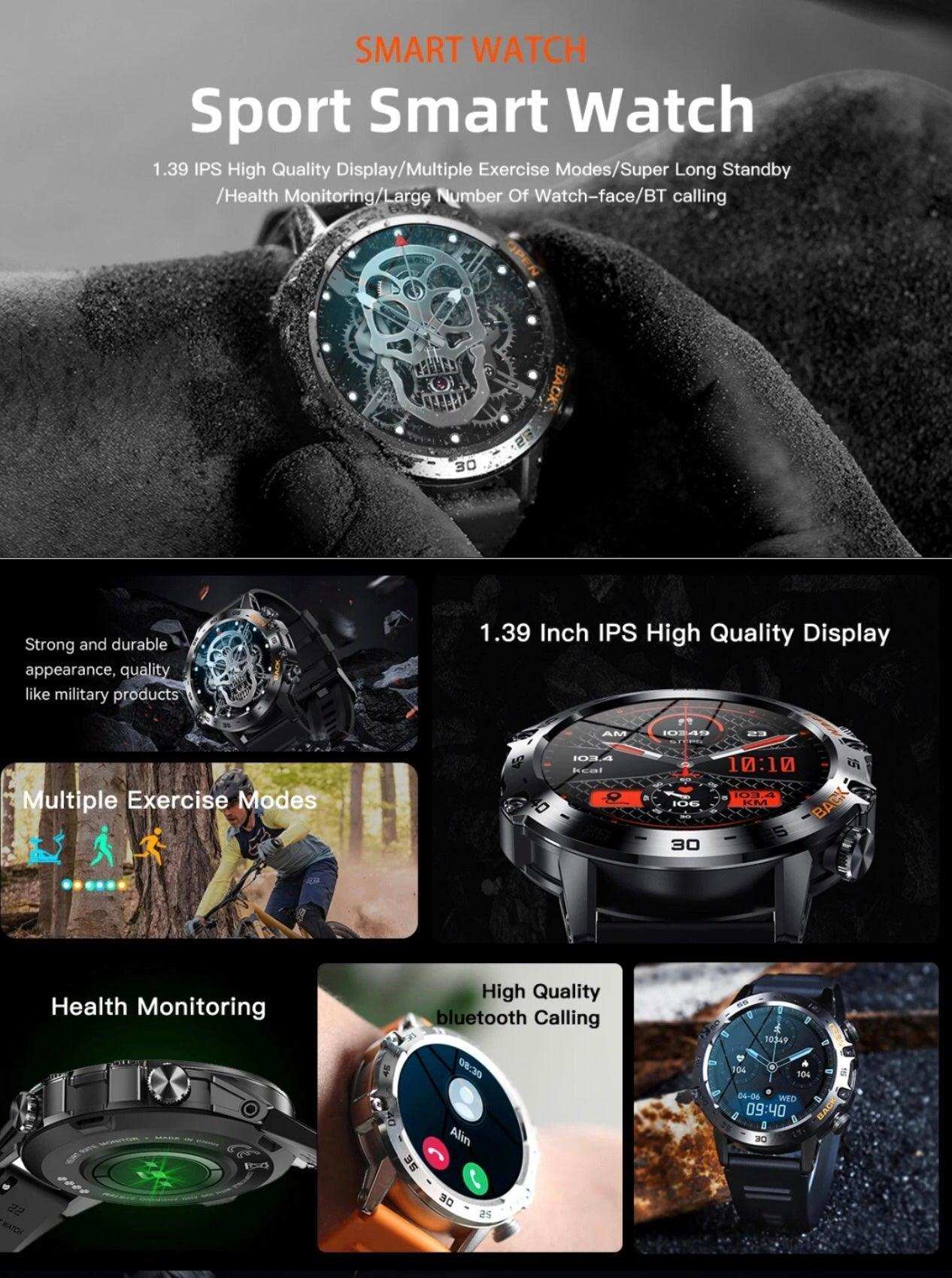 TUTT K52 rugged military smart watch with metal case, 1.39" HD display, and sports modes, shown in close-up and lifestyle settings, featuring health monitoring and Bluetooth call functions. TUTT