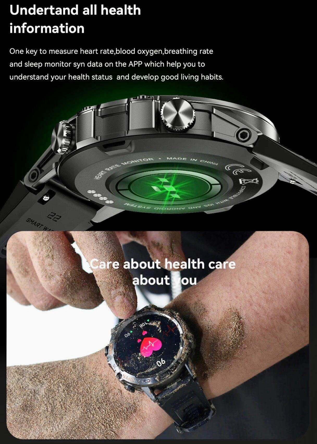 Rugged military metal case smartwatch with health sensors shown on a sandy wrist, tactical design, TUTT
