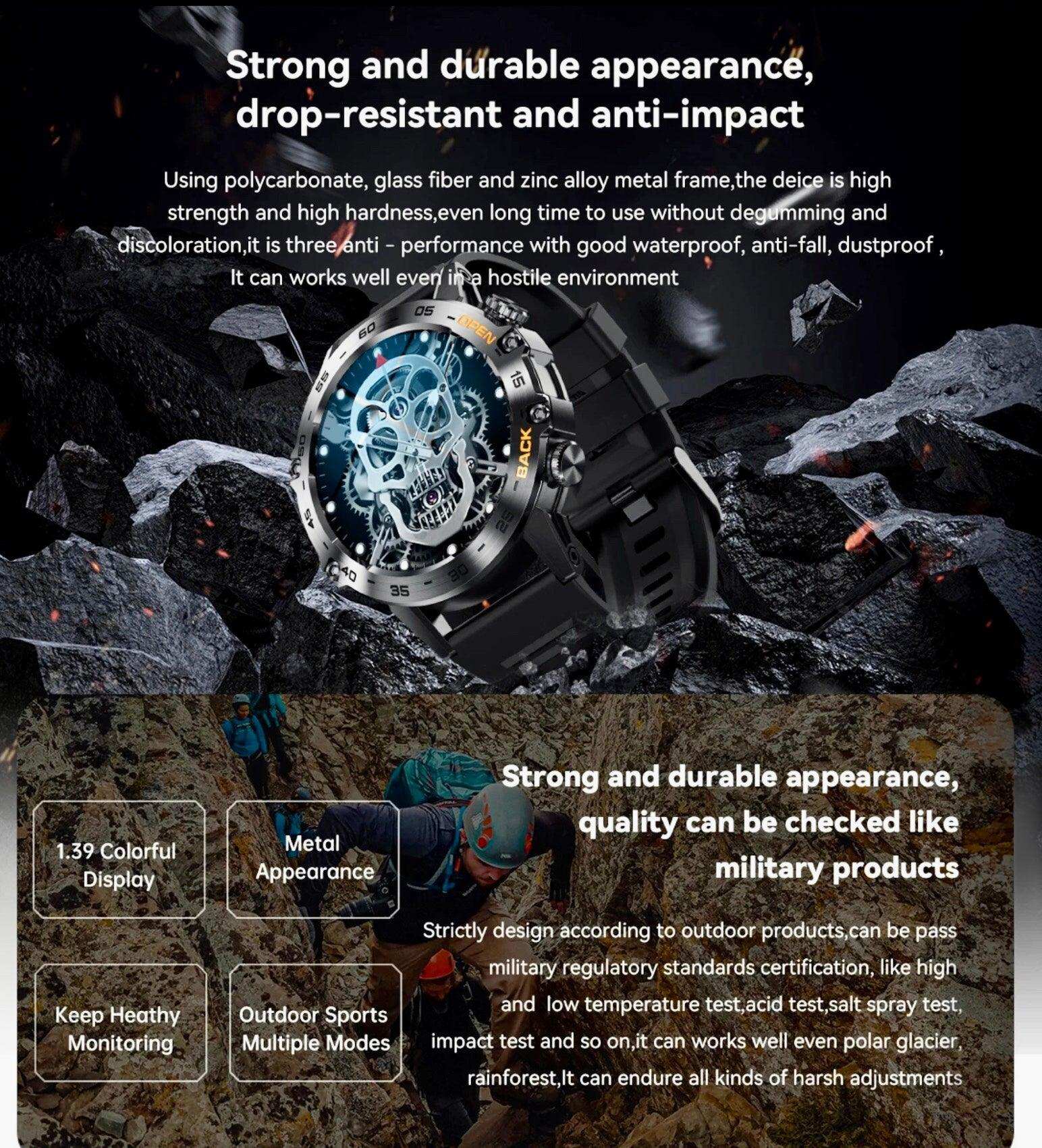 Rugged military-style smartwatch with skull dial, metal case, and mountain climbing scene, TUTT