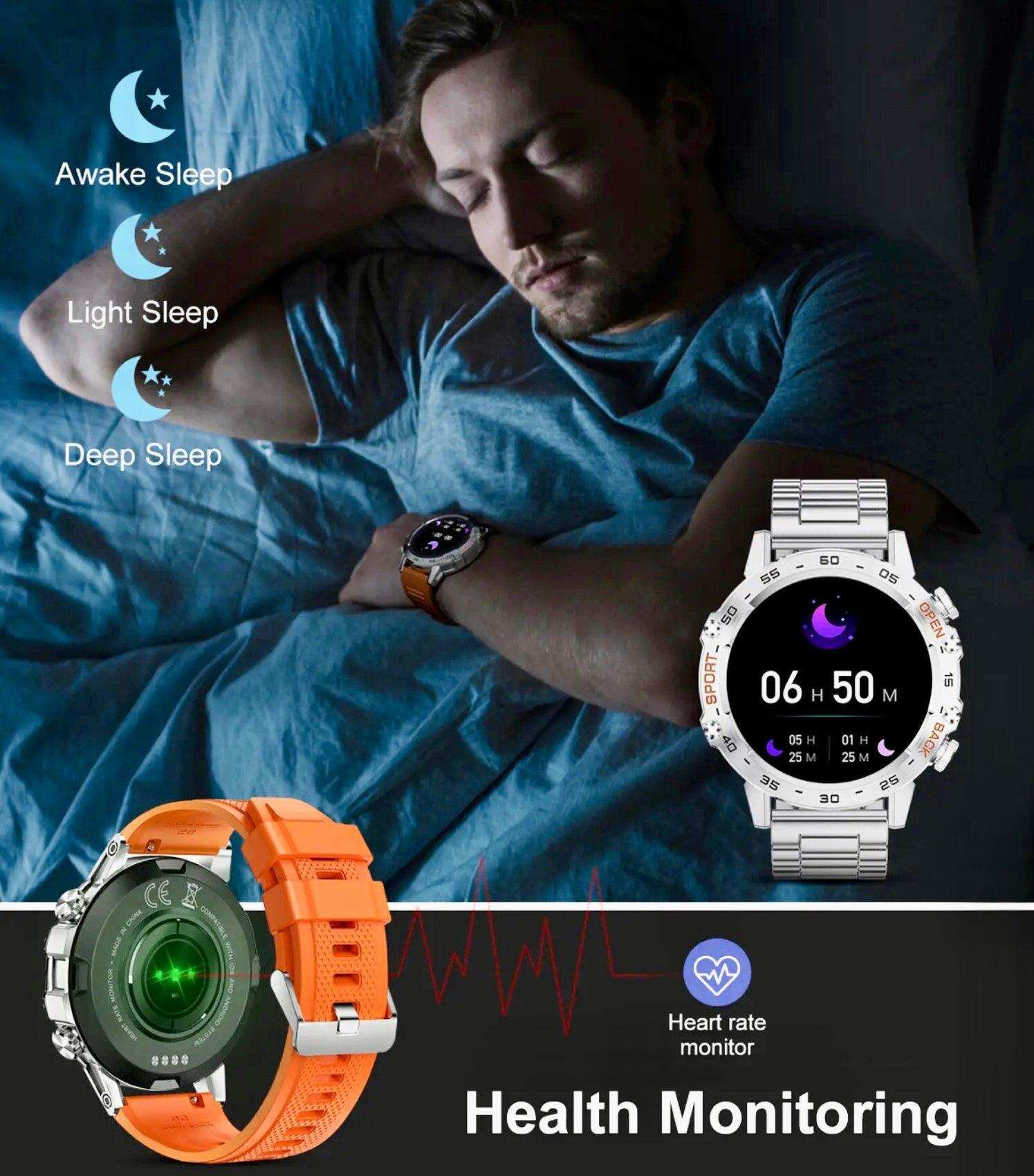 Man sleeping wearing TUTT K52 rugged smartwatch, displaying sleep tracking and heart rate monitor, TUTT