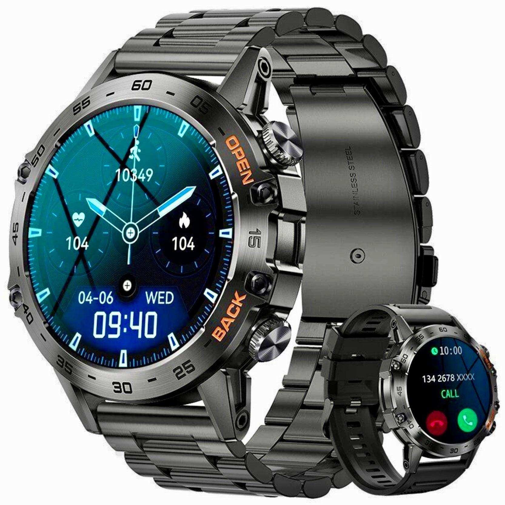 TUTT K52 metal case military rugged smartwatch for men with stainless steel and rubber straps, HD display, tactical design, call and fitness tracking features. TUTT