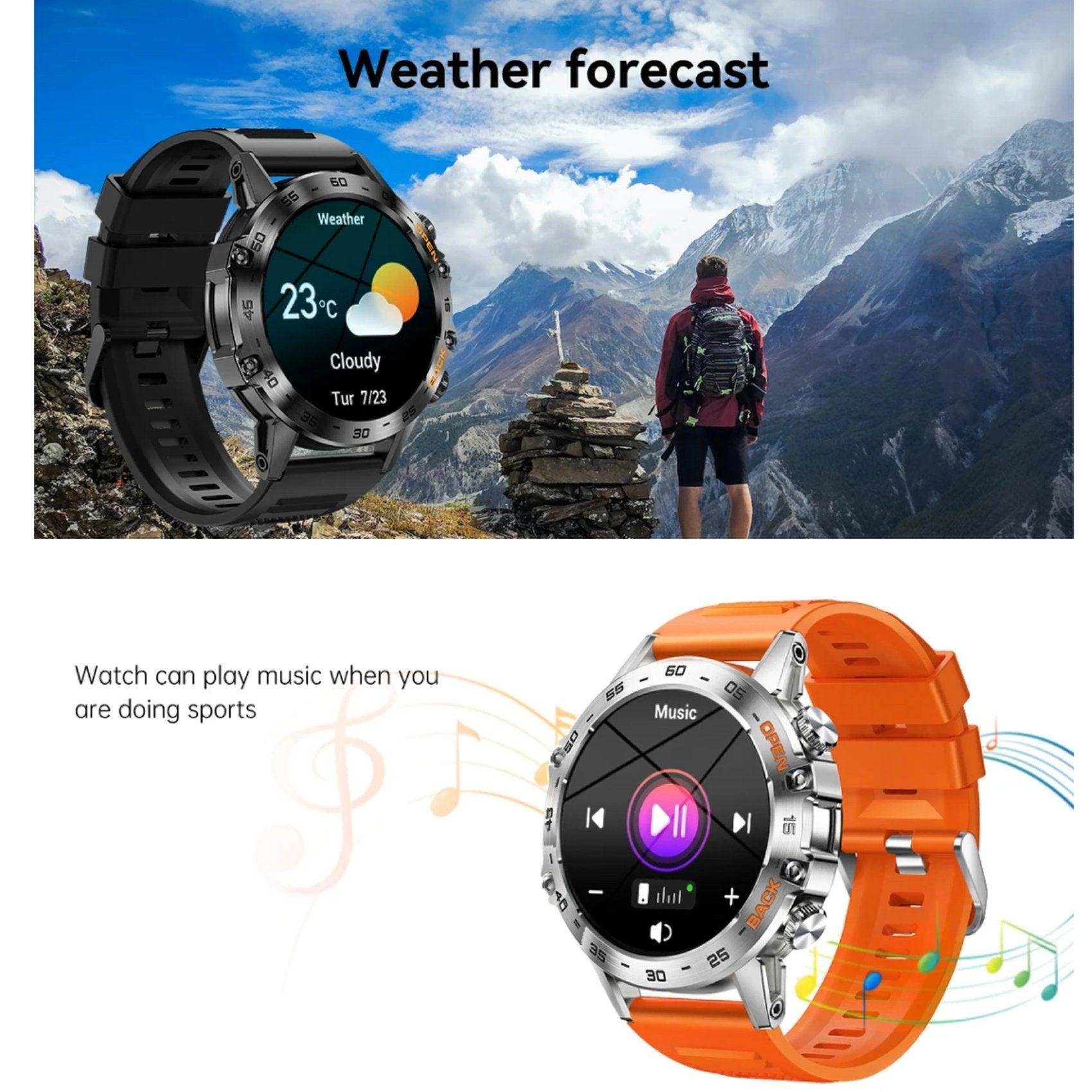 Military rugged smartwatch with metal case, weather display, music mode, black and orange straps, outdoor mountain scene, TUTT