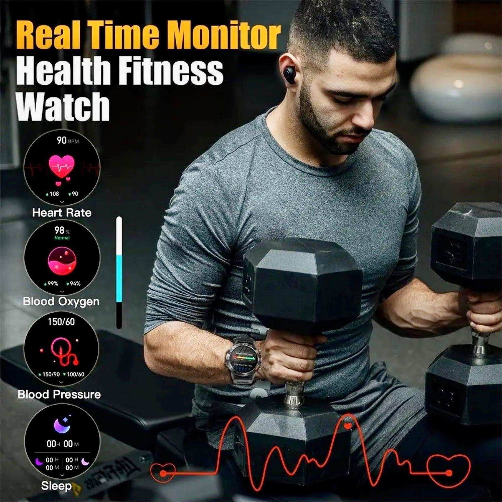 Man lifting dumbbells wearing a rugged military smartwatch with health monitoring display, TUTT