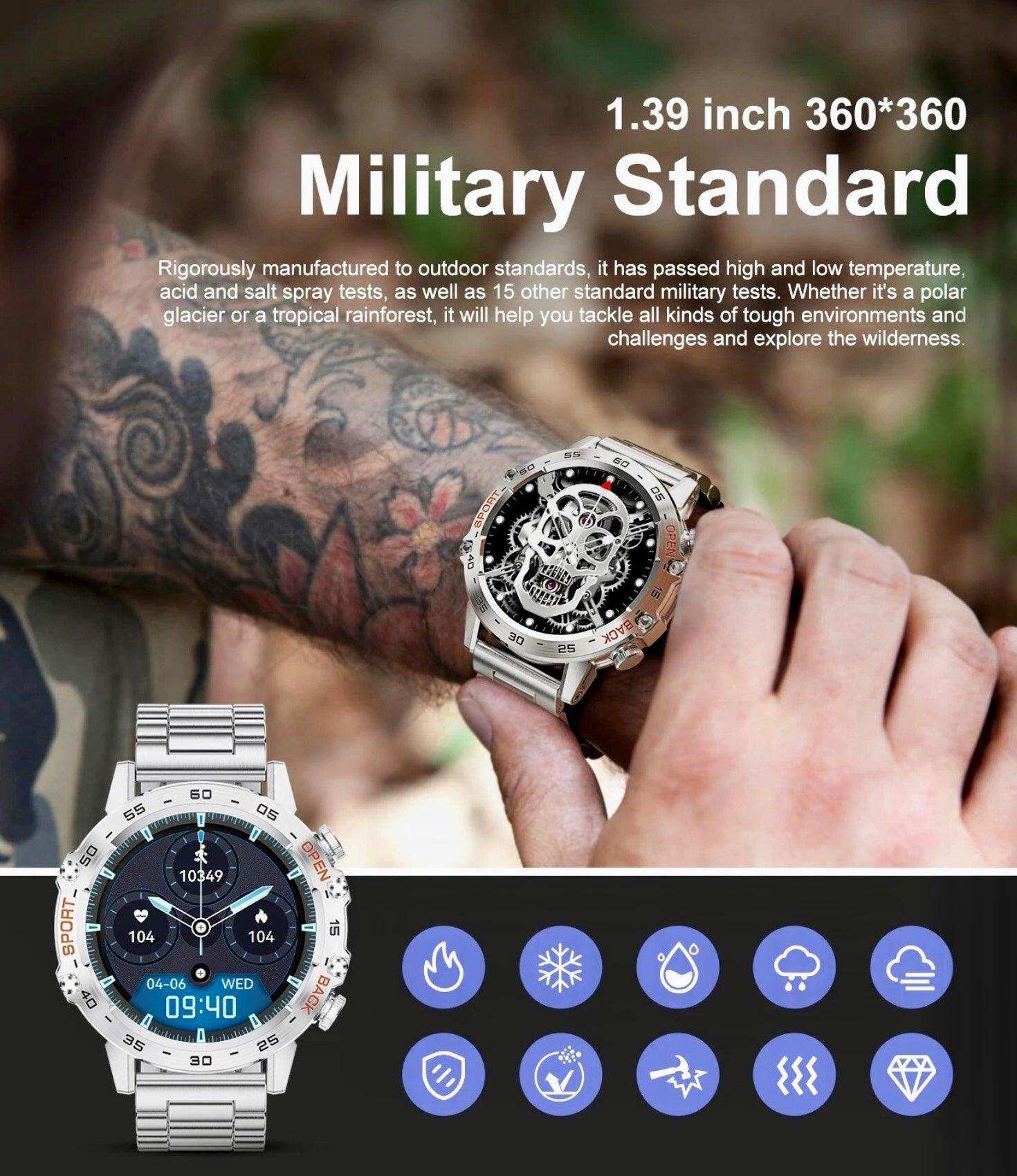 Military standard rugged metal smart watch with 1.39 inch HD display, silver band, tactical features shown on tattooed wrist, durability and sport icons below. TUTT
