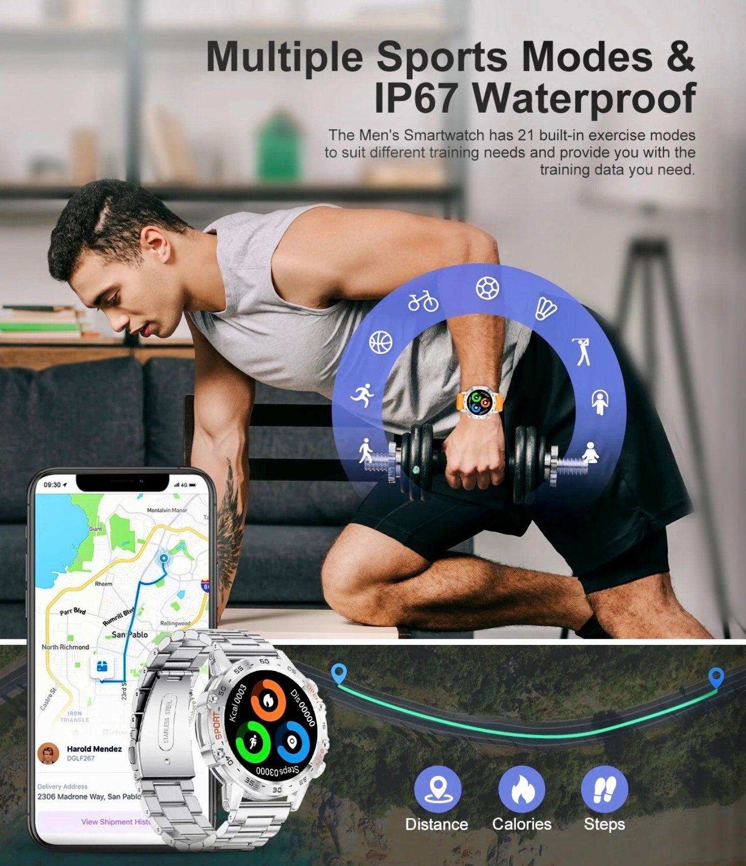 Man using dumbbell and wearing TUTT K52 military rugged smartwatch, phone app and tracking features visible, IP67 waterproof, multiple sports modes, fitness tracker. TUTT