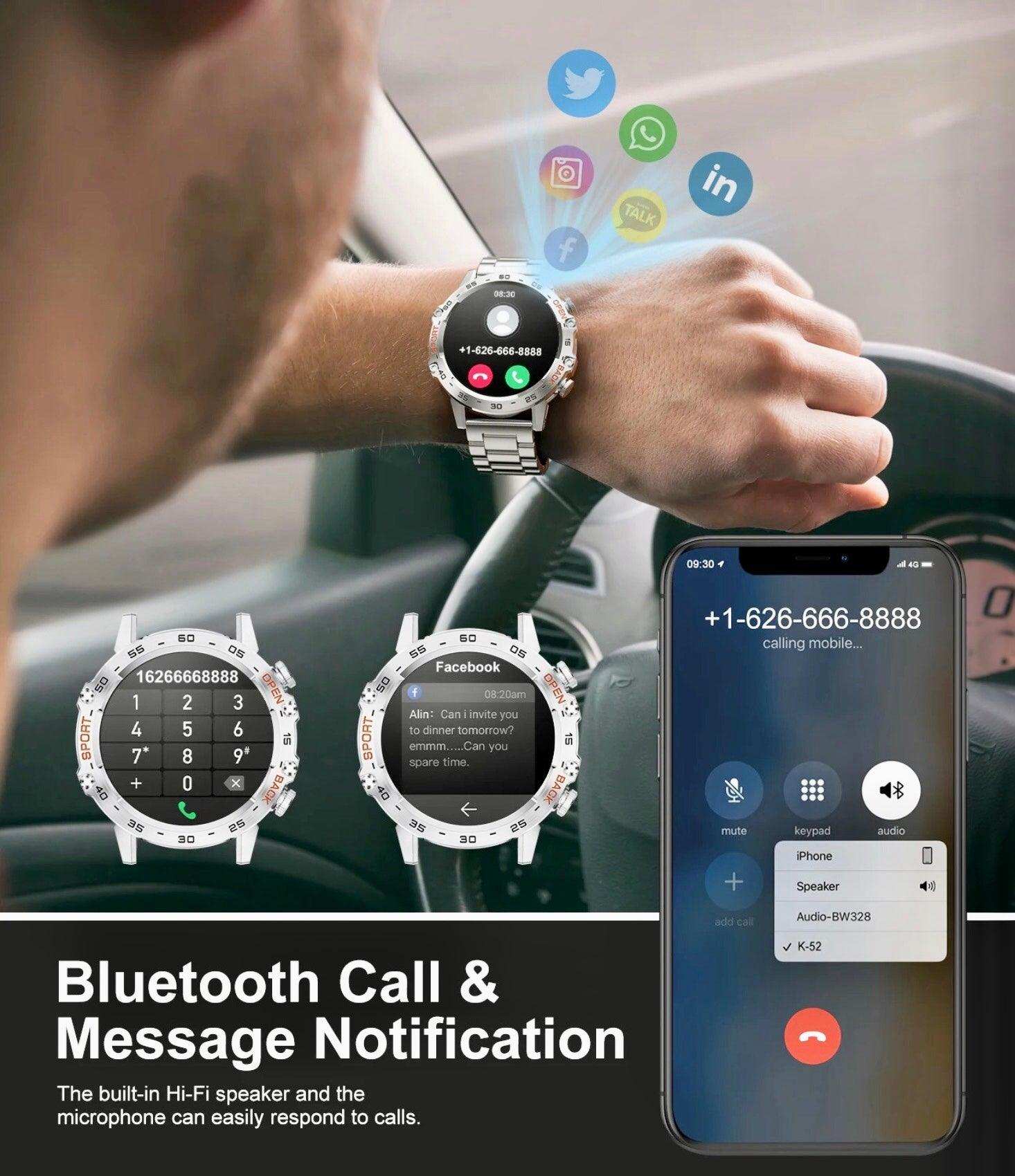 Man driving uses TUTT K52 metal case military rugged smartwatch with Bluetooth call and notifications. TUTT
